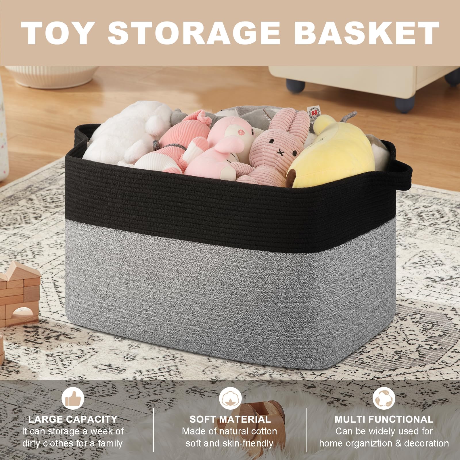 Oiasket Extra Large Laundry Basket, 95L Blanket Basket For Living Room, Cotton Rope Storage Basket, Toy Basket For Kids, Woven B