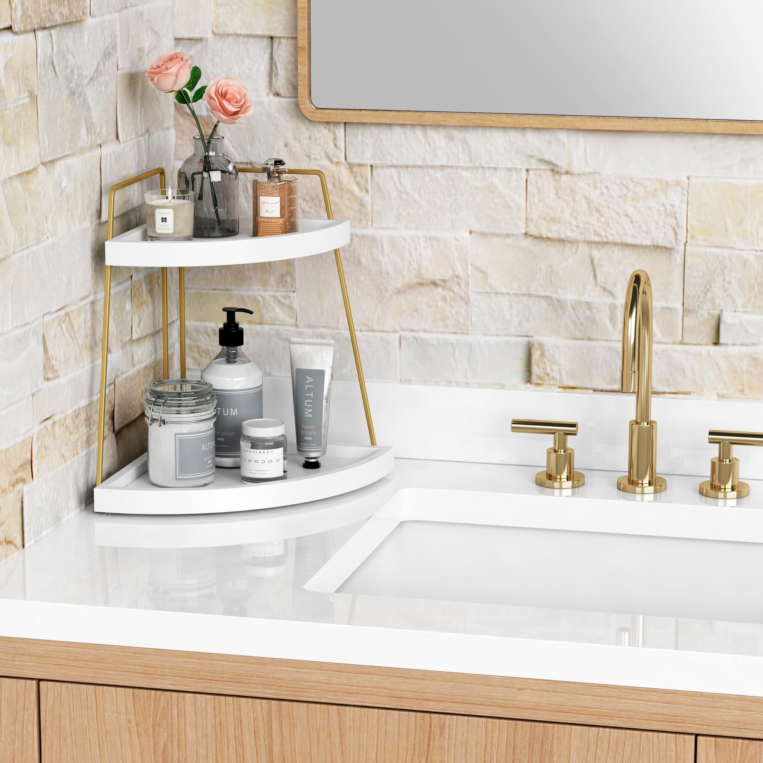Forbena Corner Bathroom Counter Organizer, White And Gold Countertop Shelf Organizer For Kitchen Sink, 2 Tier Makeup Vanity Tray