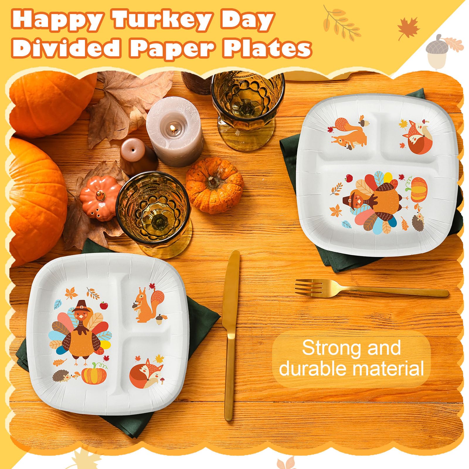 Havawish 24 Pcs Thanksgiving Turkey Divided Plates for Kids 9 x 9 Inch Disposable Paper Thanksgiving Dinner Tray for Thankful Pa