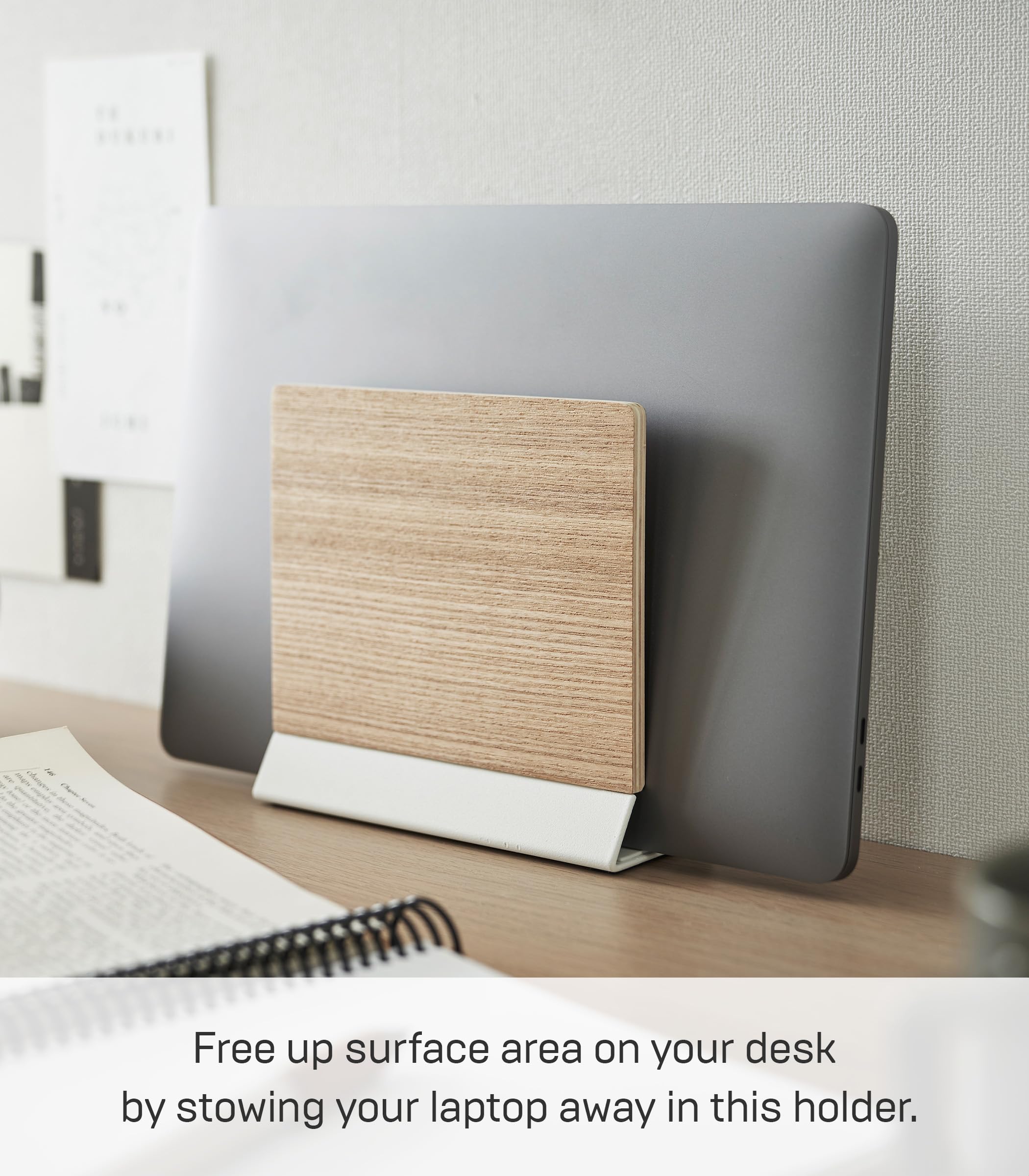Yamazaki Home Rin Portable Laptop Holder Stand For Desk In Bedroom Or Office, Wooden Storage Station - Steel + Wood