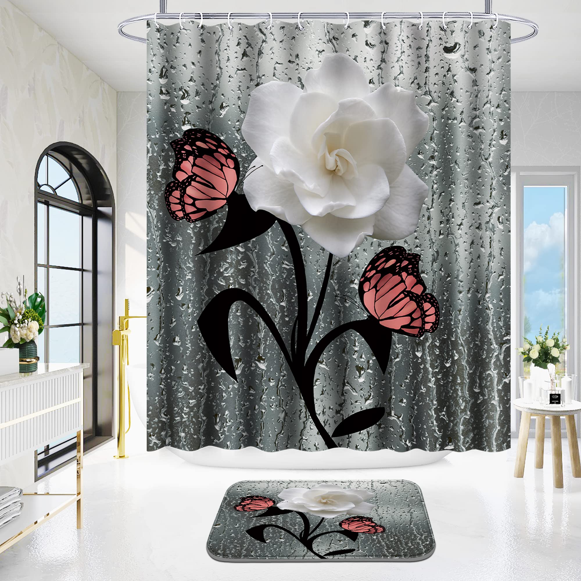 Poedist 4 Pcs Shower Curtain Set, White Gardenia Bathroom Set, Floral Shower Curtain Sets With Rugs(Bath Mat,U Shape And Toilet