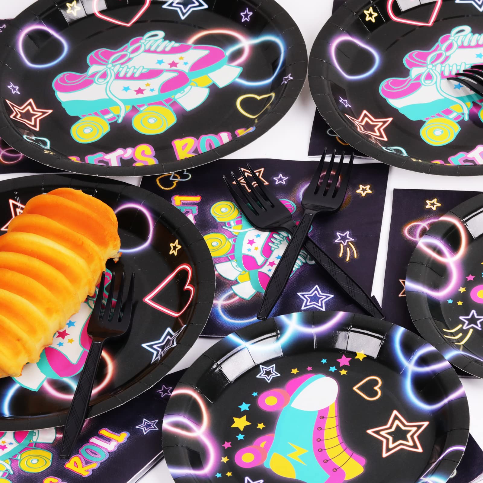 96Pcs Roller Skating Party Supplies Tableware Set Retro Roller Skate Party Paper Plates Napkins Set Favors For Boys Girls Teens