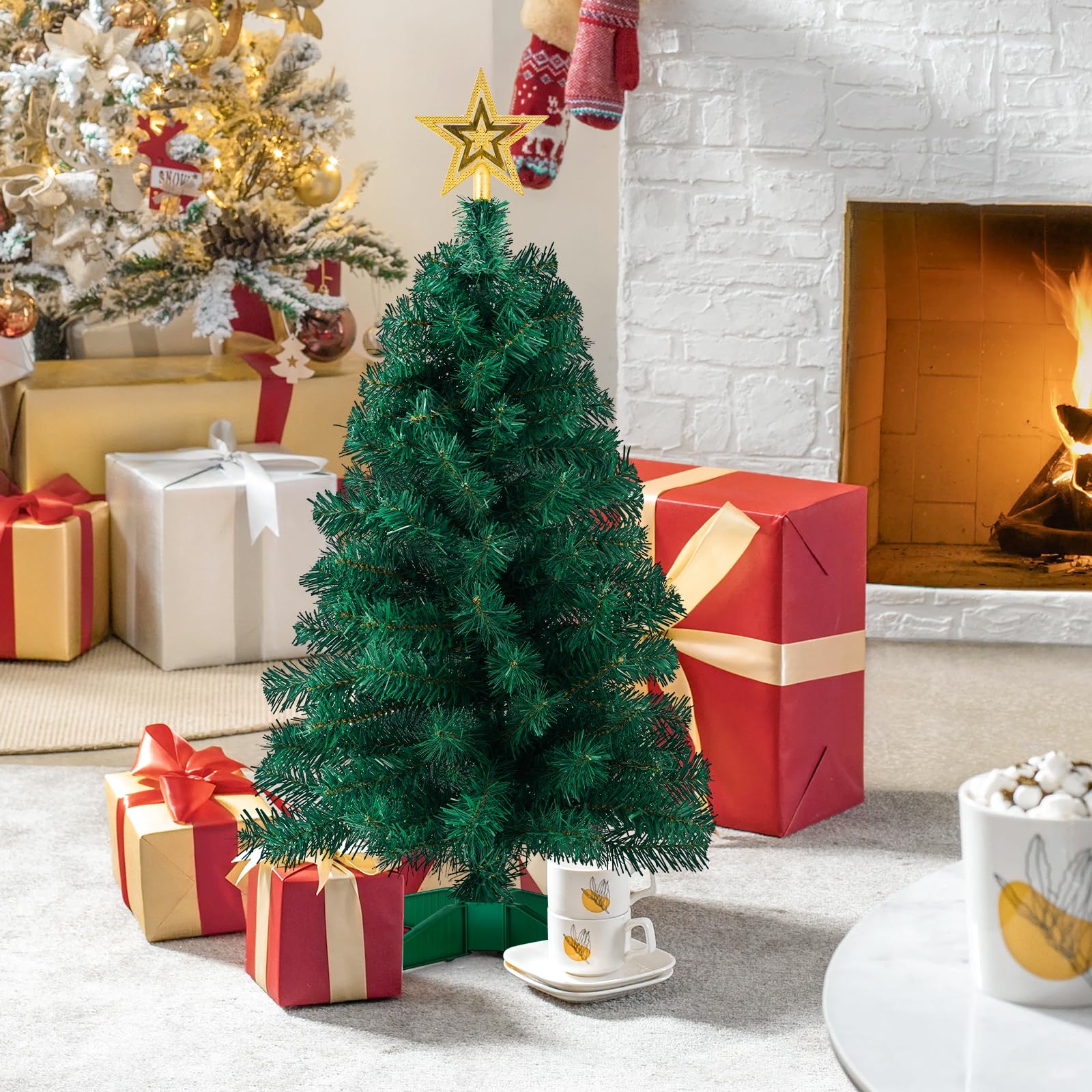 3ft Artificial Christmas Tree with Gold Tree Topper Star, Mini Xmas Pine Tree with 4-Leg Stable Plastic Base, Small Tabletop Chr