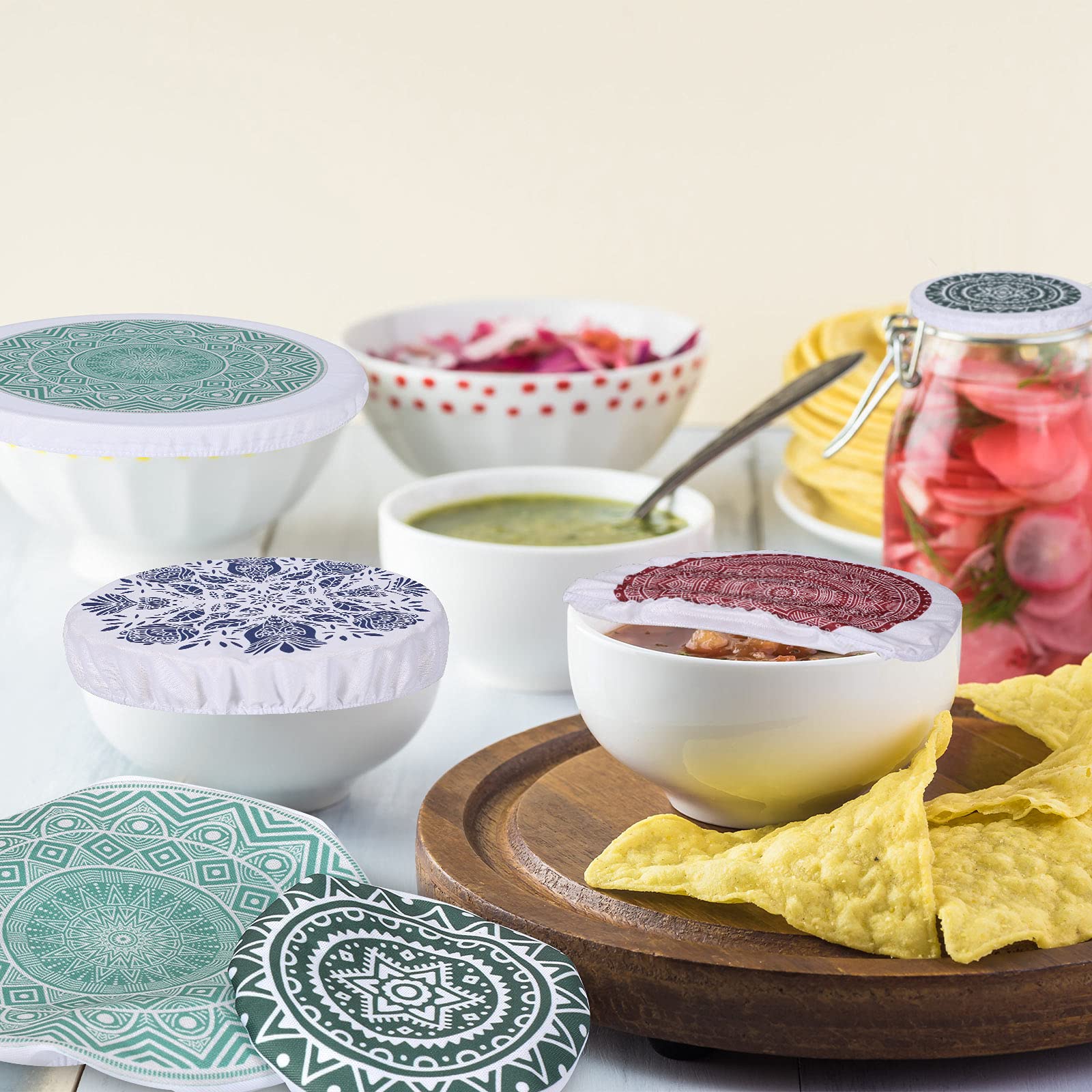 Patelai 10 Pieces Bowl Covers Reusable In 5 Size Stretch Cloth Fabric Bowl Covers Elastic Food Storage Covers Cotton Bread Bowl