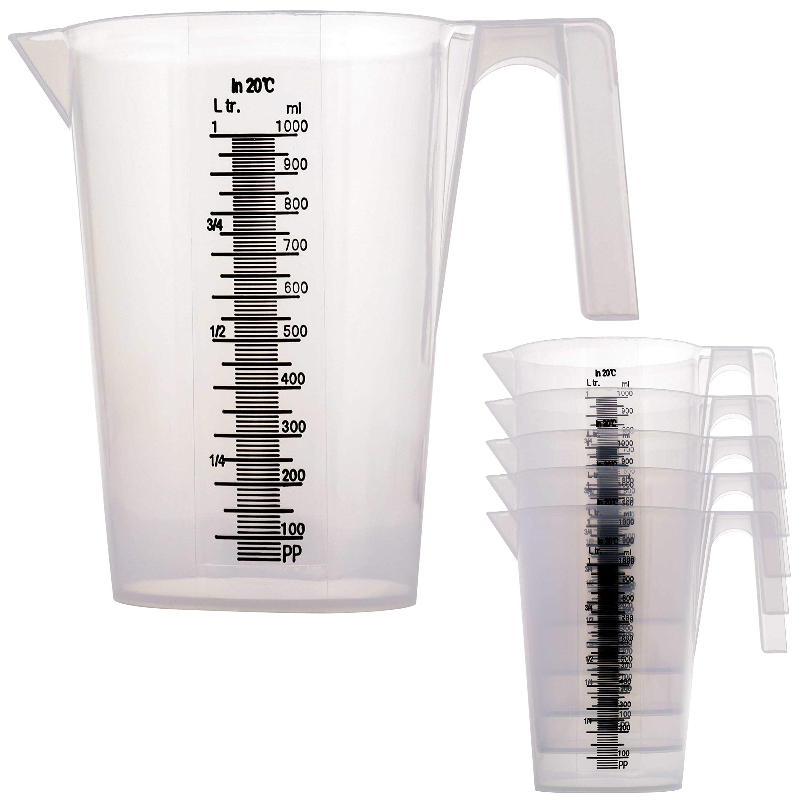 TCP Global 1 Liter (1000ml) Plastic Graduated Measuring and Mixing Pitcher (Pack of 6) - Holds Over 1 Quart (32oz) - Pouring Cup