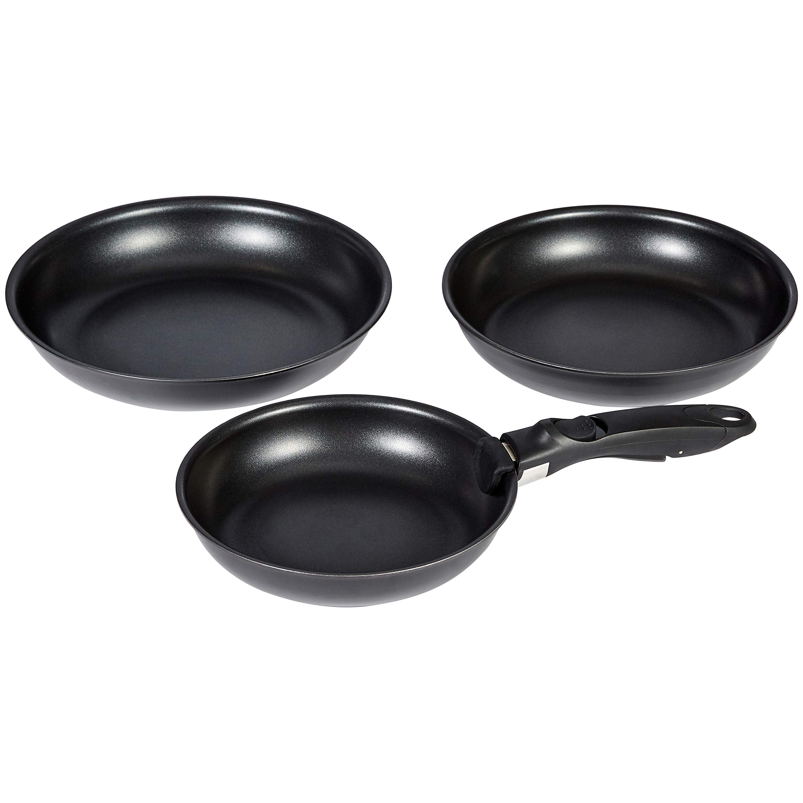 Amazonbasics 4 Piece NonStick Cookware Set With Induction Base  Space Saving And Dishwasher Safe (3 Pans And 1 Detachable Hand