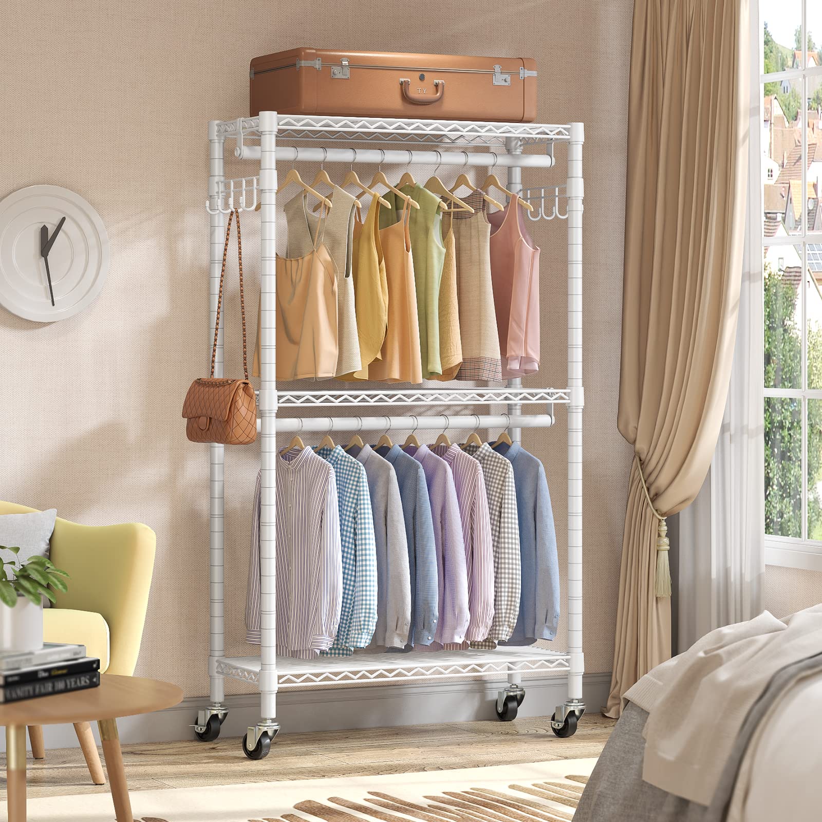 Vipek V12 Mini Heavy Duty Clothes Rack Rolling Clothing Rack Adjustable Metal Wire Shelving Portable Closets With Double Hanging