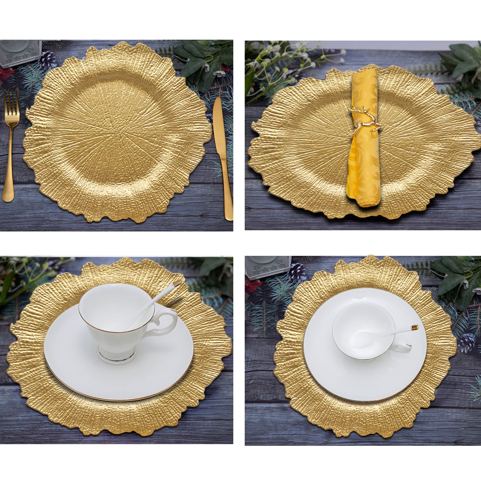 Dacakews Gold Reef Charger Plates 10Pcs, 13Inch Plastic Floral Charger Plates Wedding For Dinner,Wedding,Party,Event,Decoration(