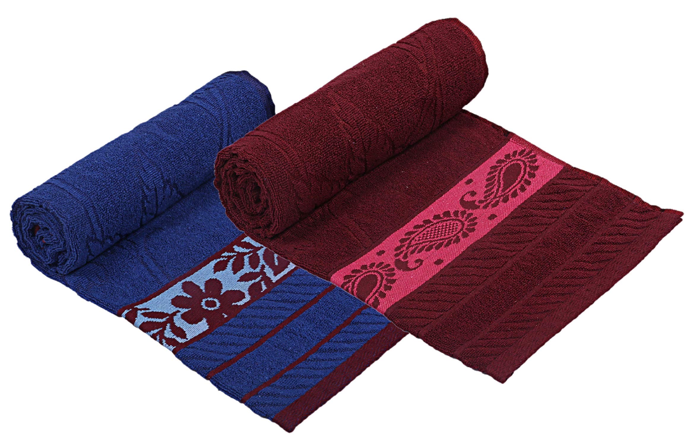 Heart Home 100% Cotton 2 Pieces Bath Towel 27 X54 (Blue & Maroon)  Cthh1232