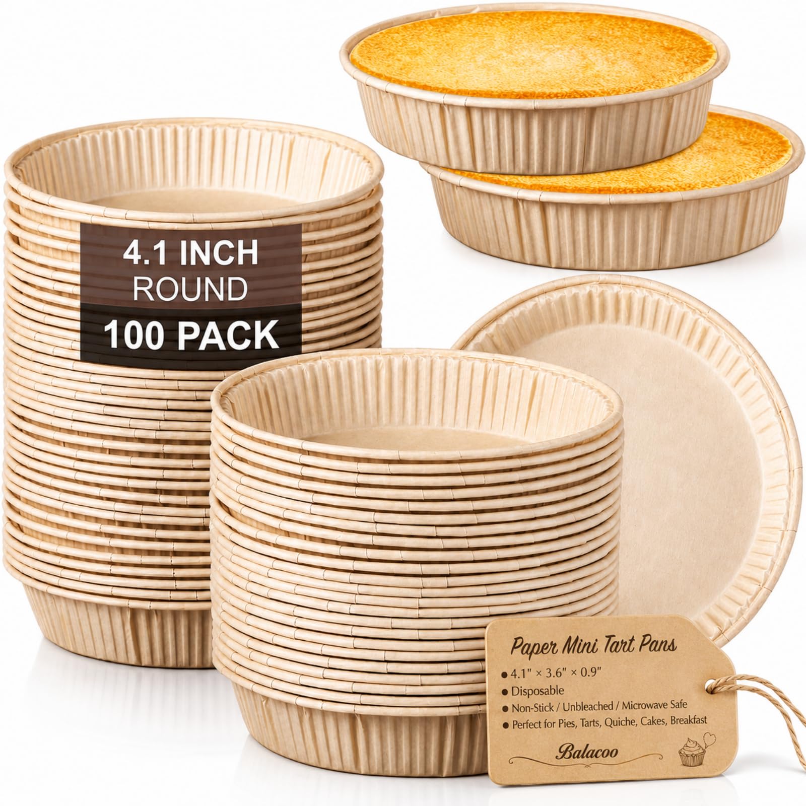 Balacoo 100 Pack Paper Mini Tart Pans for Baking, 4.1 Disposable Pie Pans