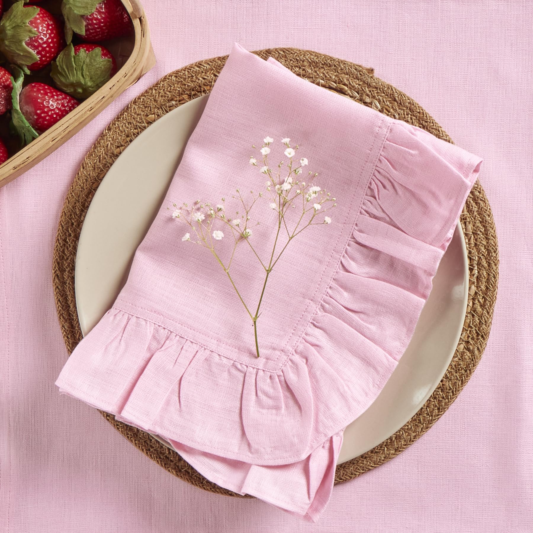 Solino Home Linen Ruffle Dinner Napkins 20 X 20 Inch - 100% Pure Linen Pink Lemonade Cloth Napkins Set Of 4 For Spring, Easter -