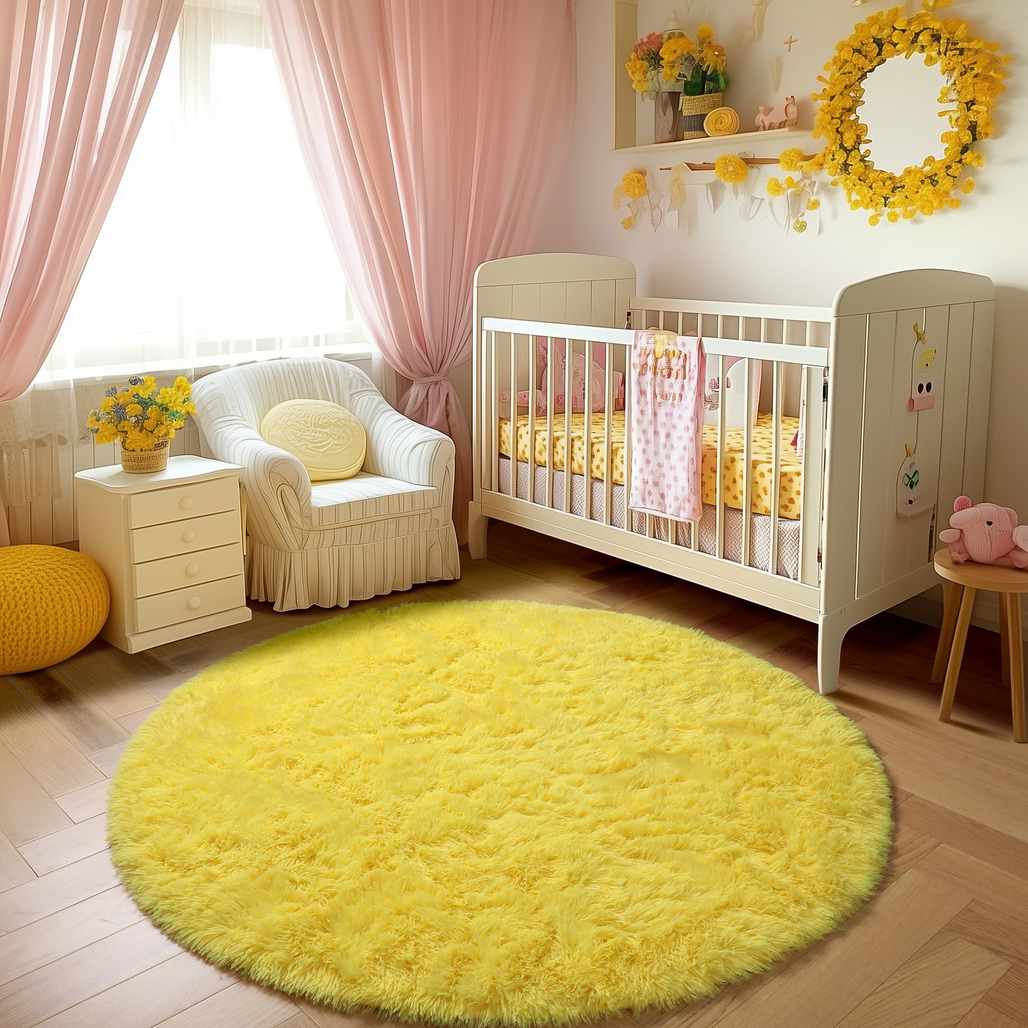 Amdrebio Yellow Round Circle Area Rug 4Ft for Bedroom Living Room, Fluffy Fuzzy Plush Rugs for Kids Room Decor Aesthetic, Cute F