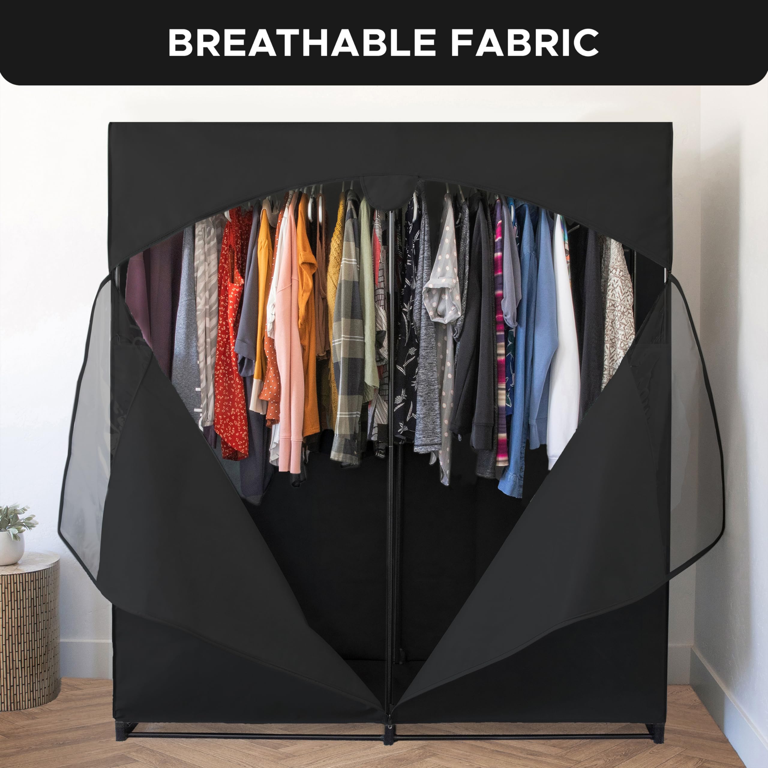 Holdn Storage Portable Wardrobe Closet, Large - Premium Heavy Duty Metal Hanging Rod With Black Cover- 50 Lb. Weight Capacity- S