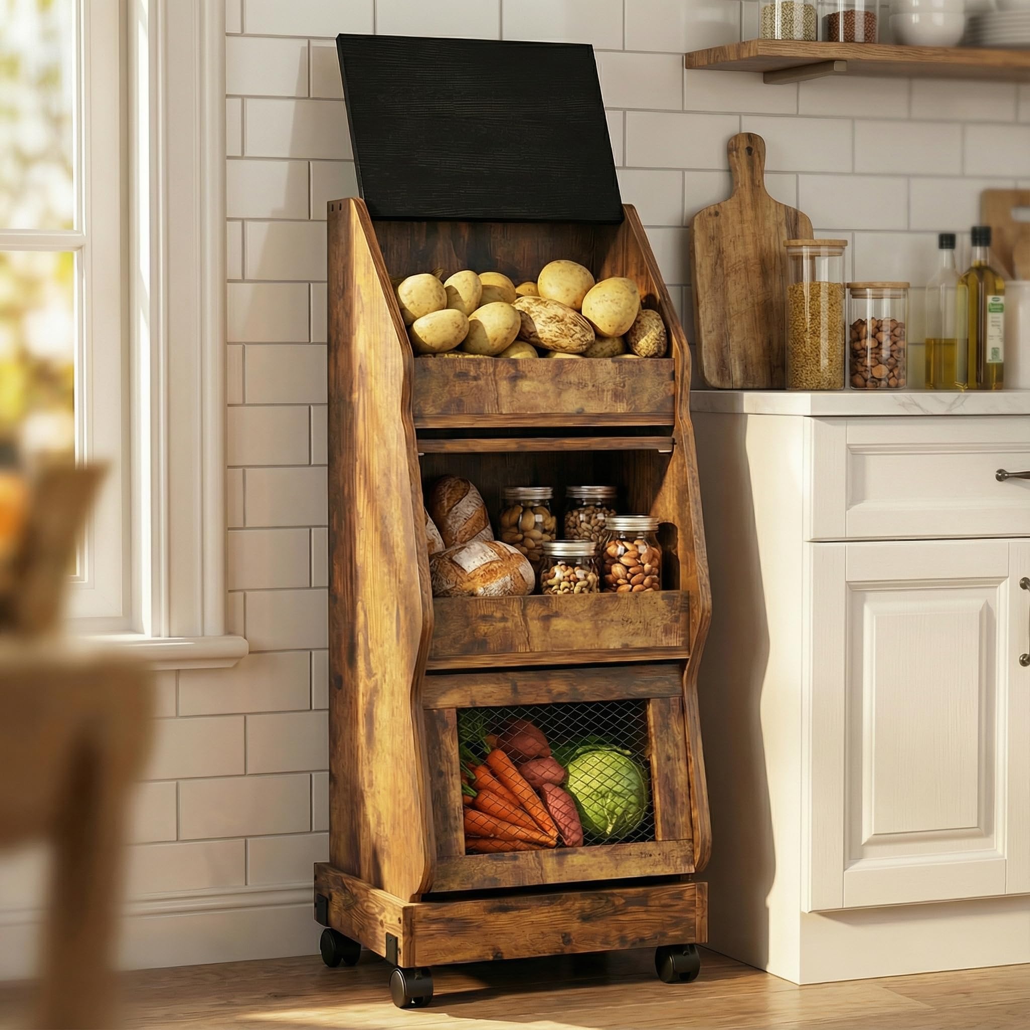 ARTETHYS Potato and Onion Storage Bin Rustic Movable Bread Box with Wheels