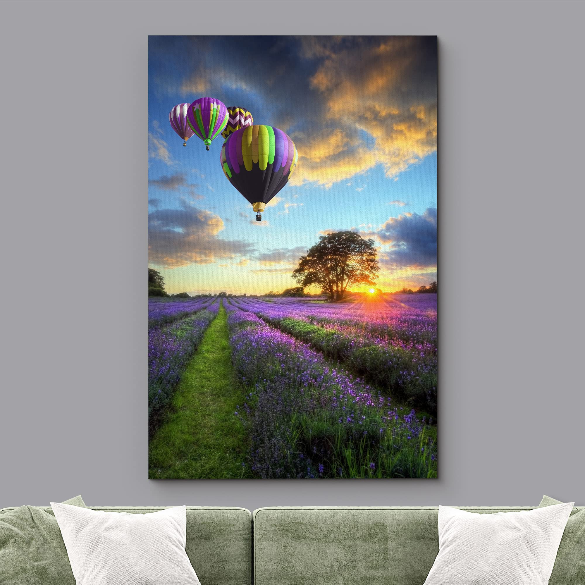 Wall26 Framed Canvas Print Wall Art Sunset Hot Air Balloons Over Lavender Flowers Nature Wilderness Photography Realism Chic Sce