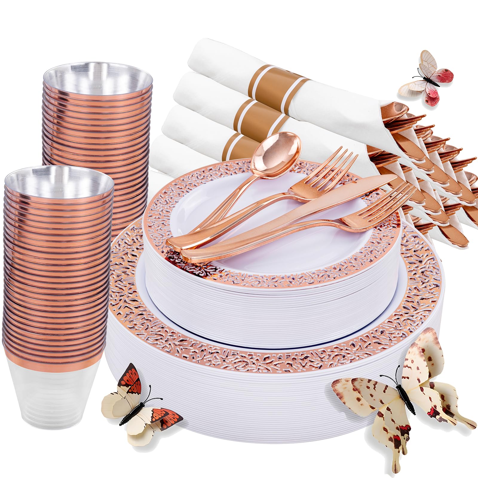 Wellife 350 Pieces Valentines Rose Gold Plastic Dinnerware, Disposable Rose Gold Lace Plates, Include:50 Dinner Plates, 50 Desse