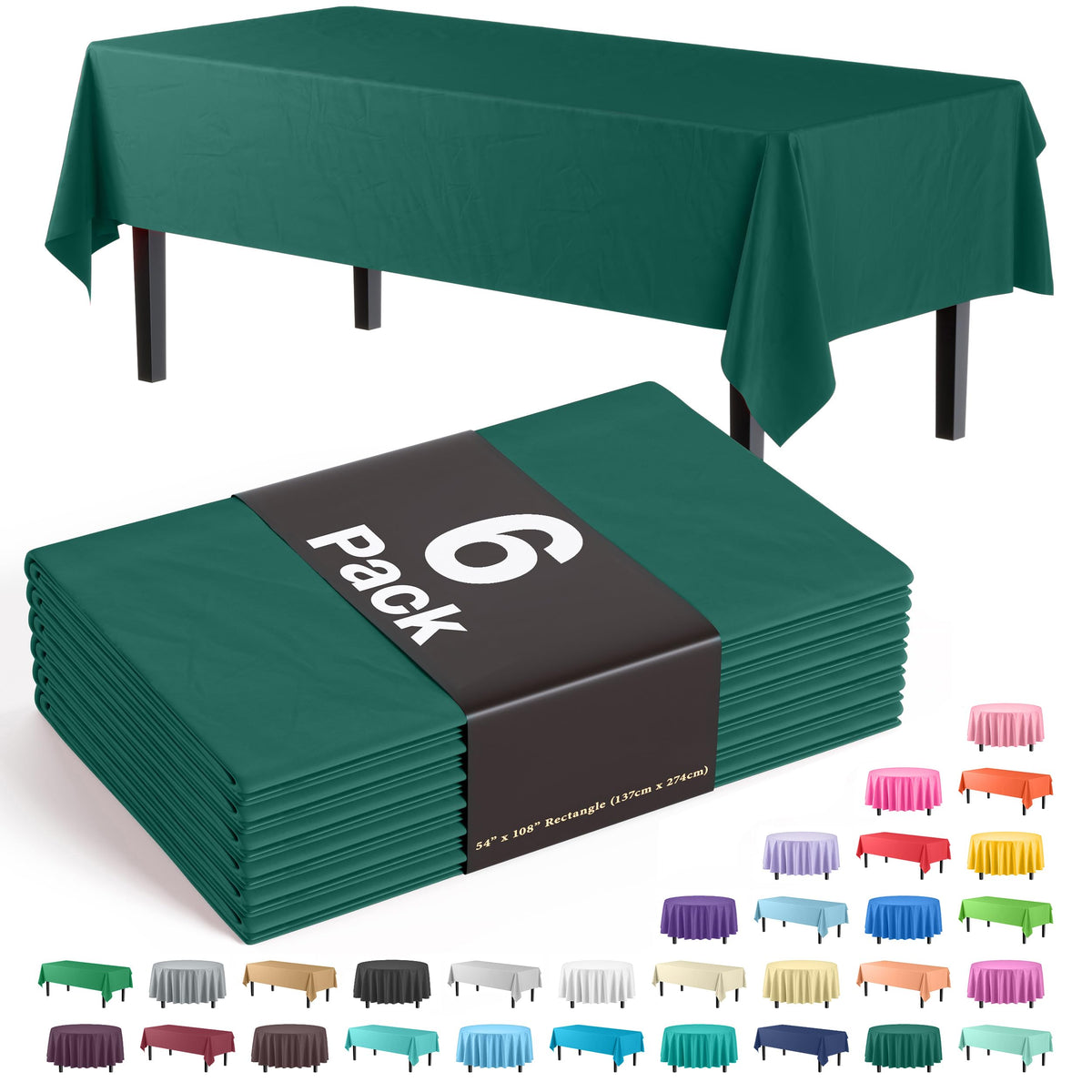 Exquisite 6-Pack Premium Plastic Tablecloth 54In. X 108In. Rectangle Plastic Table Cover - Dark Green