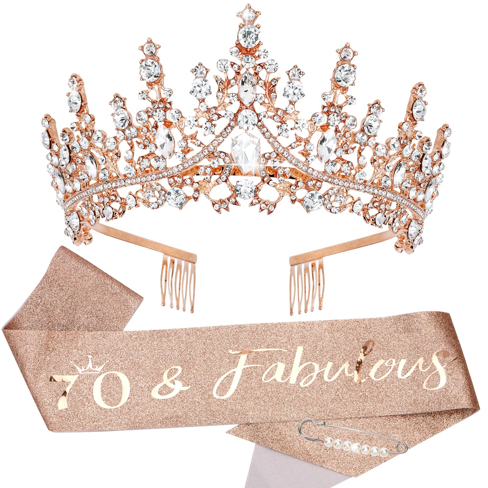 Tobatoba 70Th Birthday Decorations For Women, Rose Gold Birthday Crown 70 & Fabulous Sash For Women, 70Th Birthday Gifts For Wom