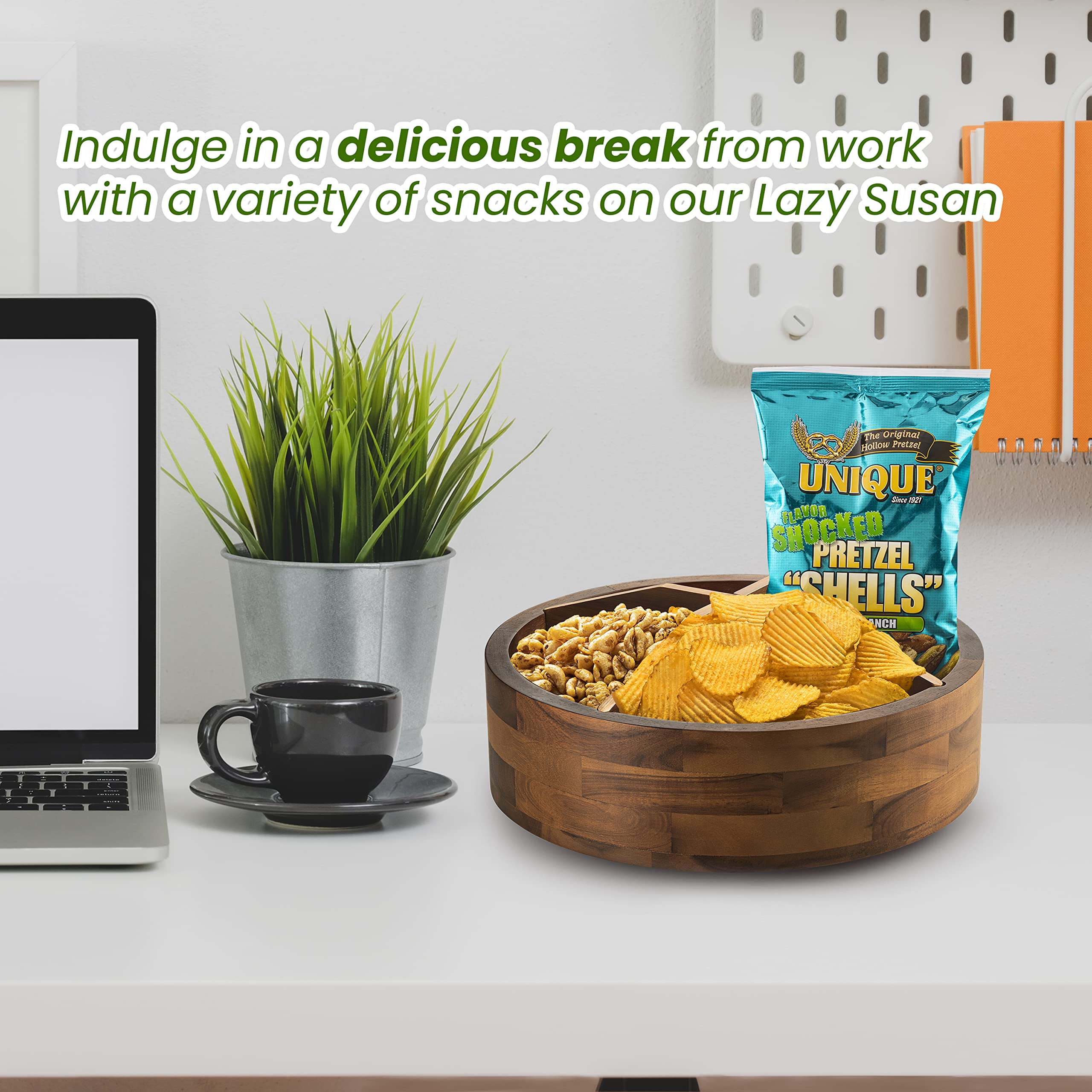 Tidita 12'' Acacia Lazy Susan Organizer With 4 Dividers - Wooden Lazy Susan Turntable For Table, Countertop - Kitchen Storage Fo