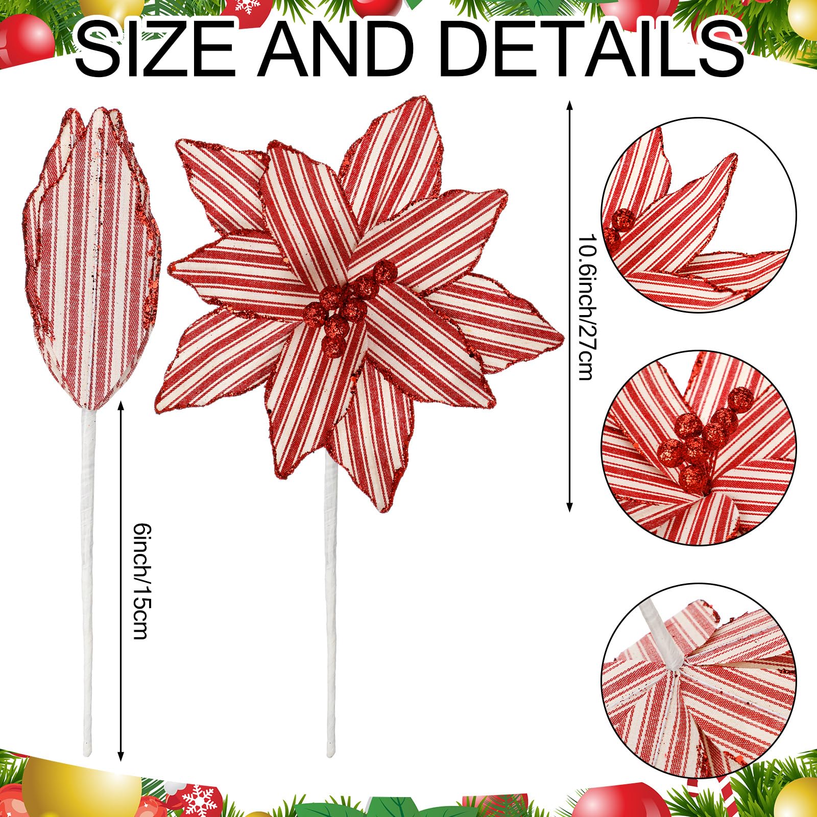 Soulchen 12 Pcs 12 Red and White Christmas Poinsettia Candy Cane Poinsettia Christmas Tree Ornaments Peppermint Flower Tree wi