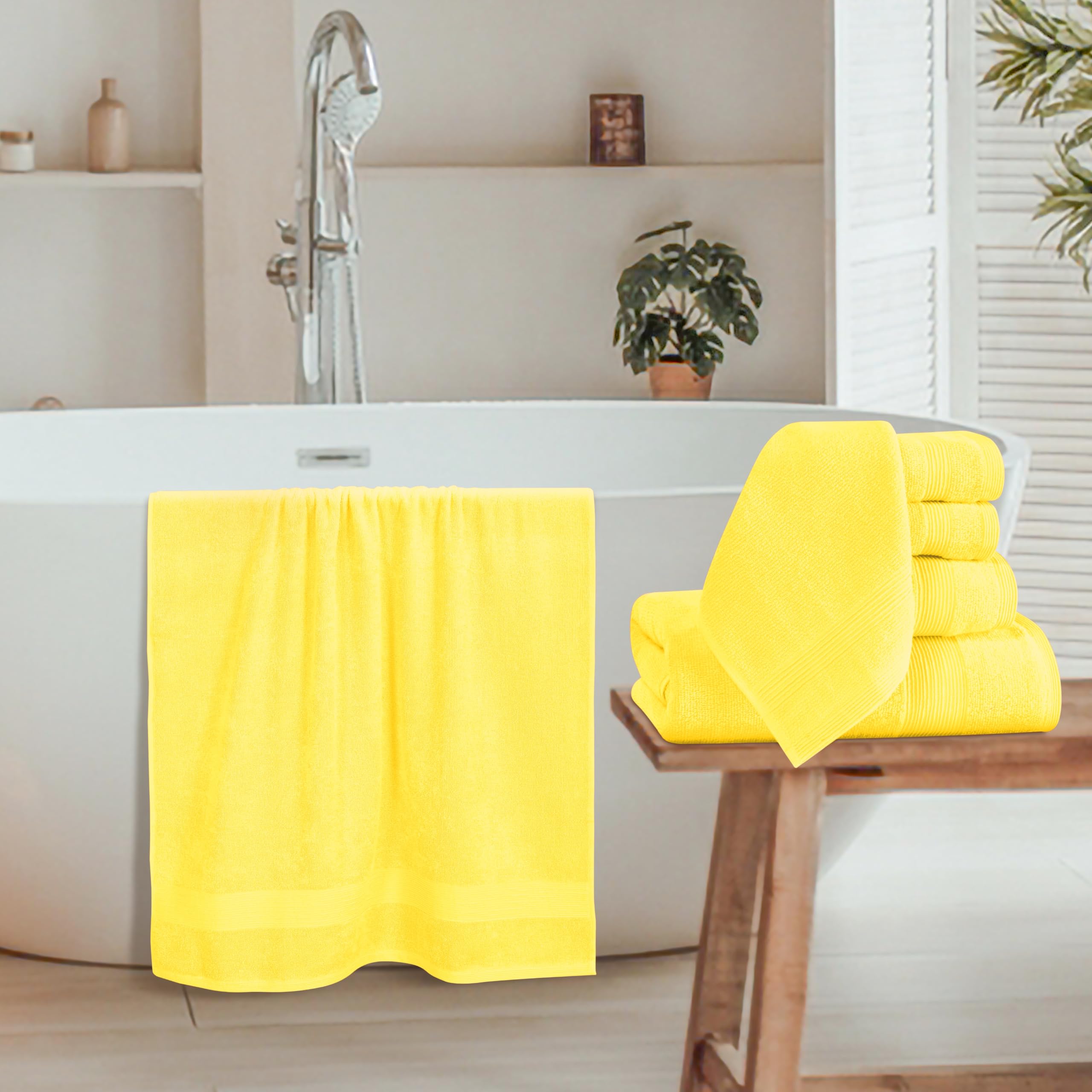 Belizzi Home 8 Piece Towel Set 100% Ring Spun Cotton  2 Bath Towels 27x54  2 Hand Towels 16x28 and 4 Washcloths 13x13 - Ultra Soft Highly Absorbent Machine Washable Hotel Spa Quality - Lime Yellow