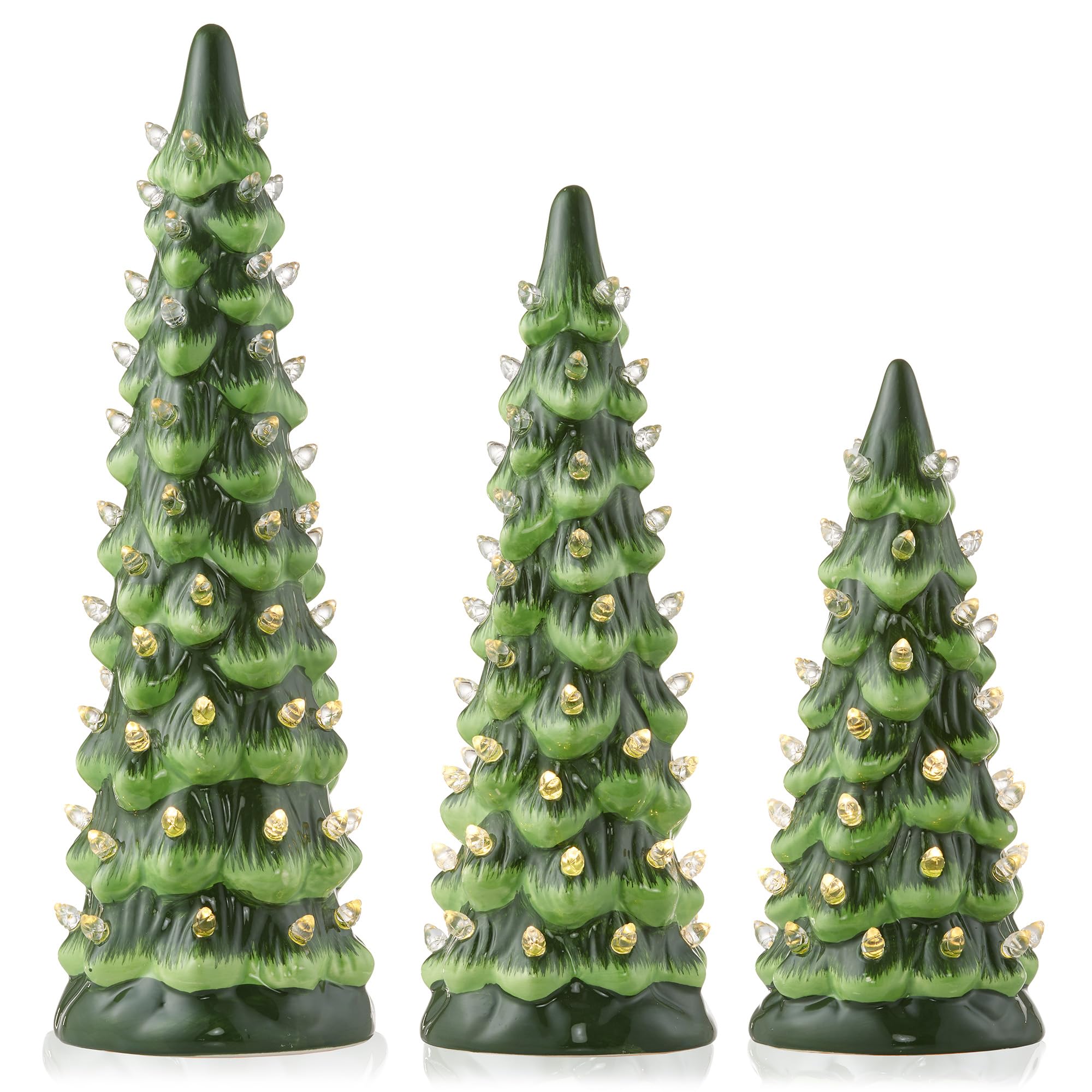 Casafield Set of 3 Hand Painted Ceramic Christmas Tree - Green Pre-Lit 8, 10, 12-Inch Trees with White Lights