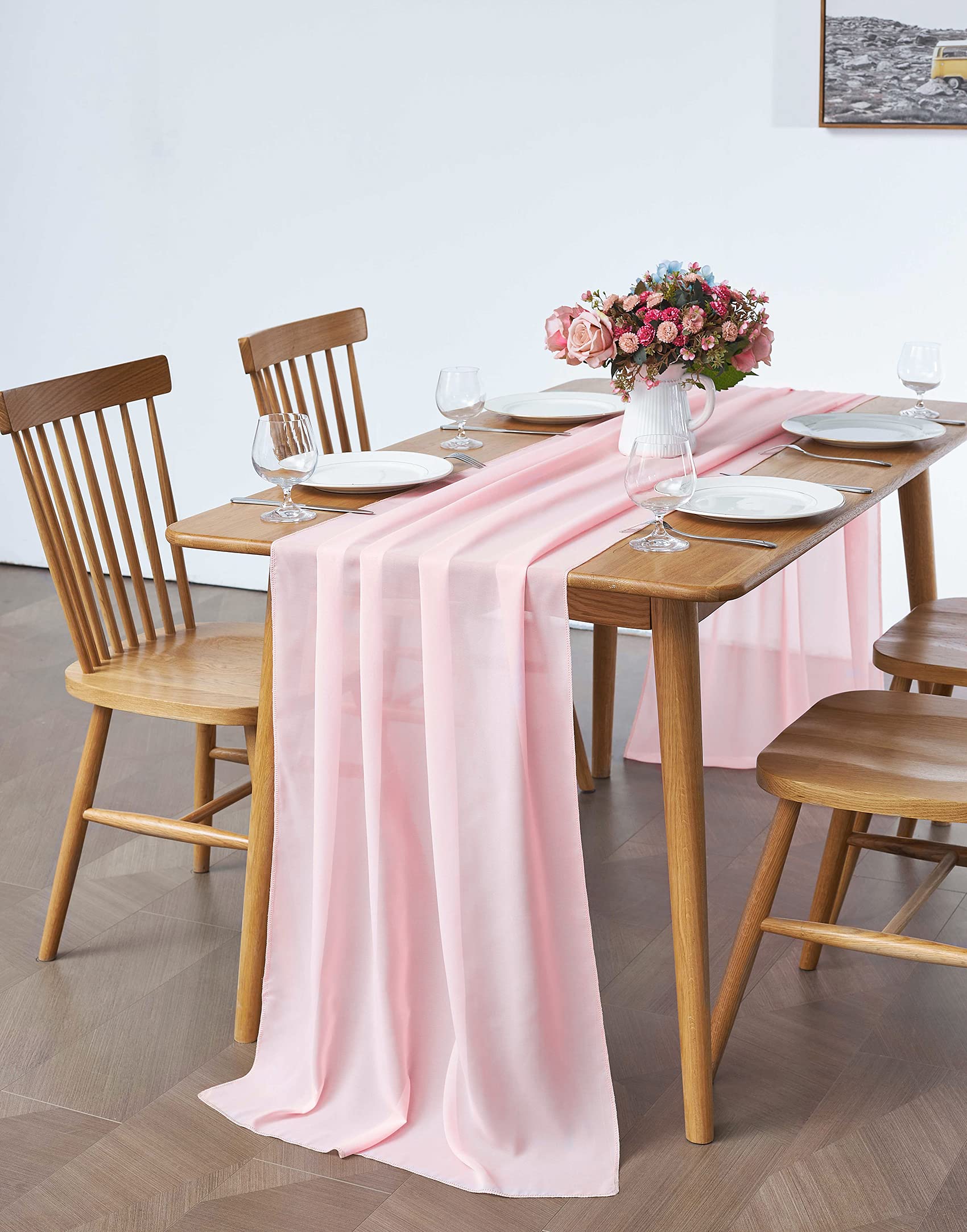 2 Pack 10Ft Blushing Pink Chiffon Table Runner Sheer 29X120 Inch For Romantic Wedding Decor Bridal & Baby Shower Birthday Rustic