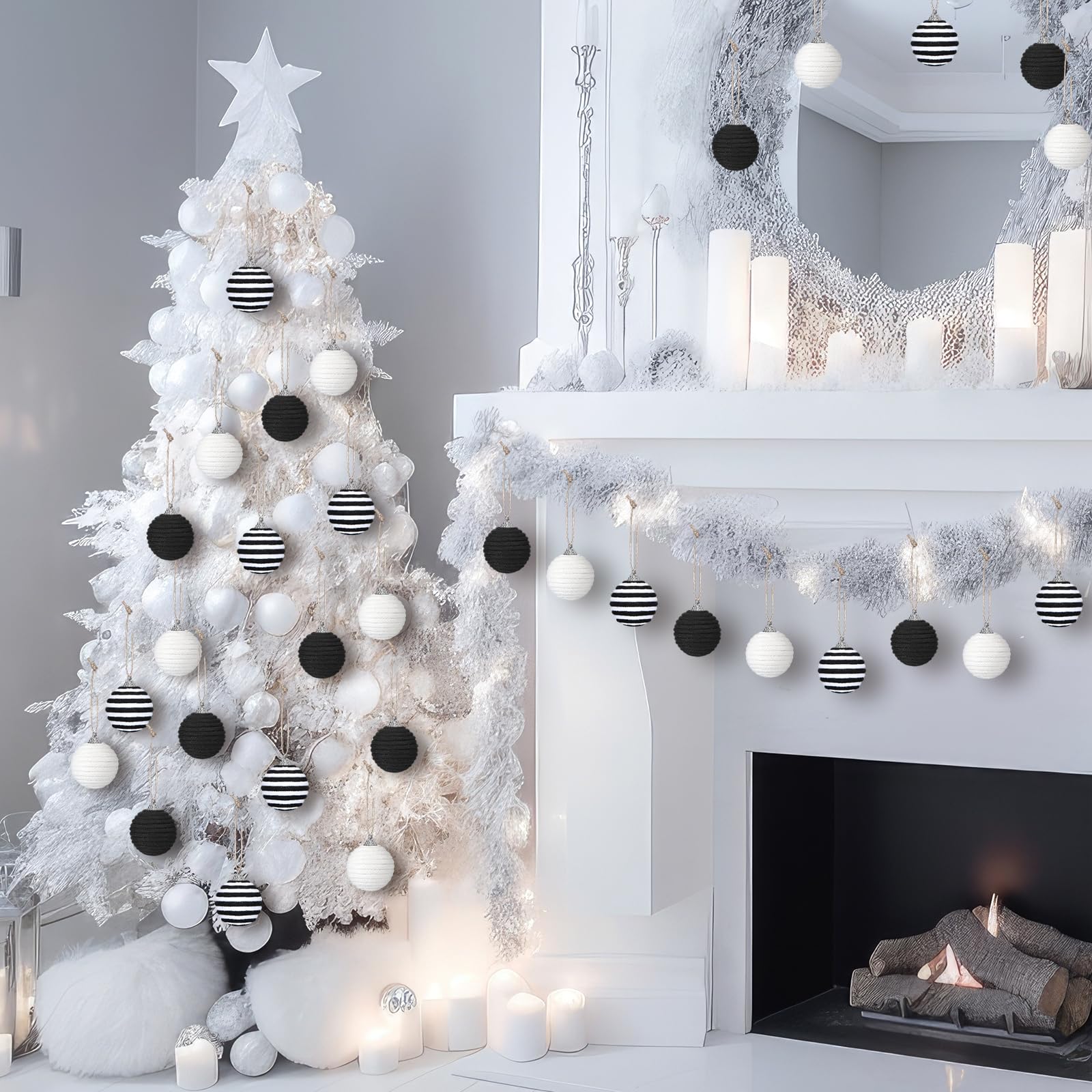 Syhood 18 Pcs 1.57 Inch Mini Christmas Black White Ball Ornaments Boho Farmhouse Jute Rope Hanging Balls Burlap Neutral Rustic O