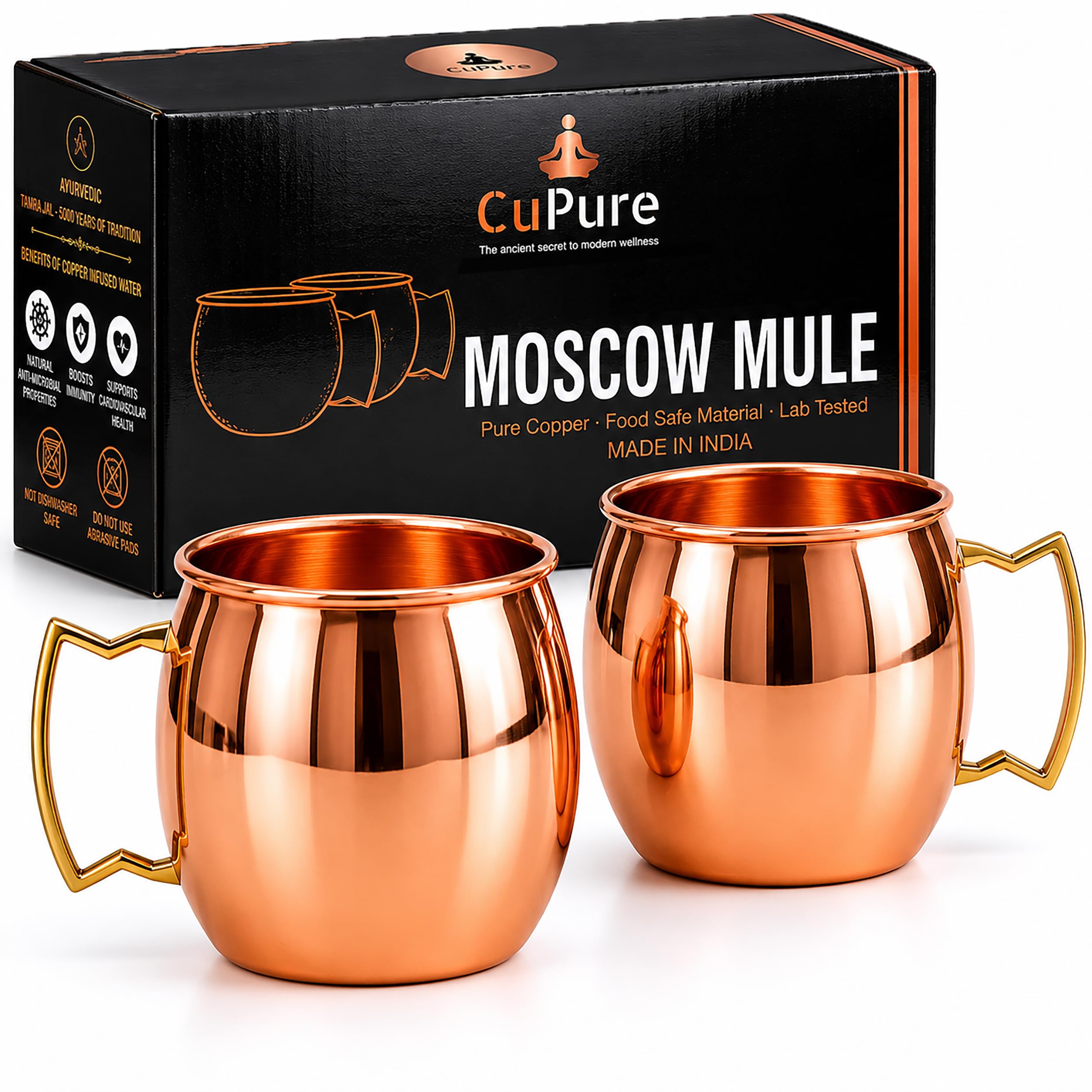 CuPure Pure Copper Moscow Mule Mugs Set of 2, 16 Oz Polished Copper Cups, No Steel Lining, No Lacquer, Authentic Solid Copper Dr