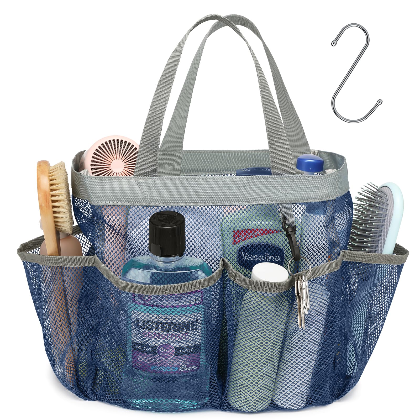 F-color Mesh Shower Caddy Portable  Upgrade Deeper 7 Pockets Shower Caddy Basket Tote for College Dorm Room Toiletry Bathroom Essentials Gym Camp Quick Dry 2 handles Shower Bag with S Hook  Navy Blue