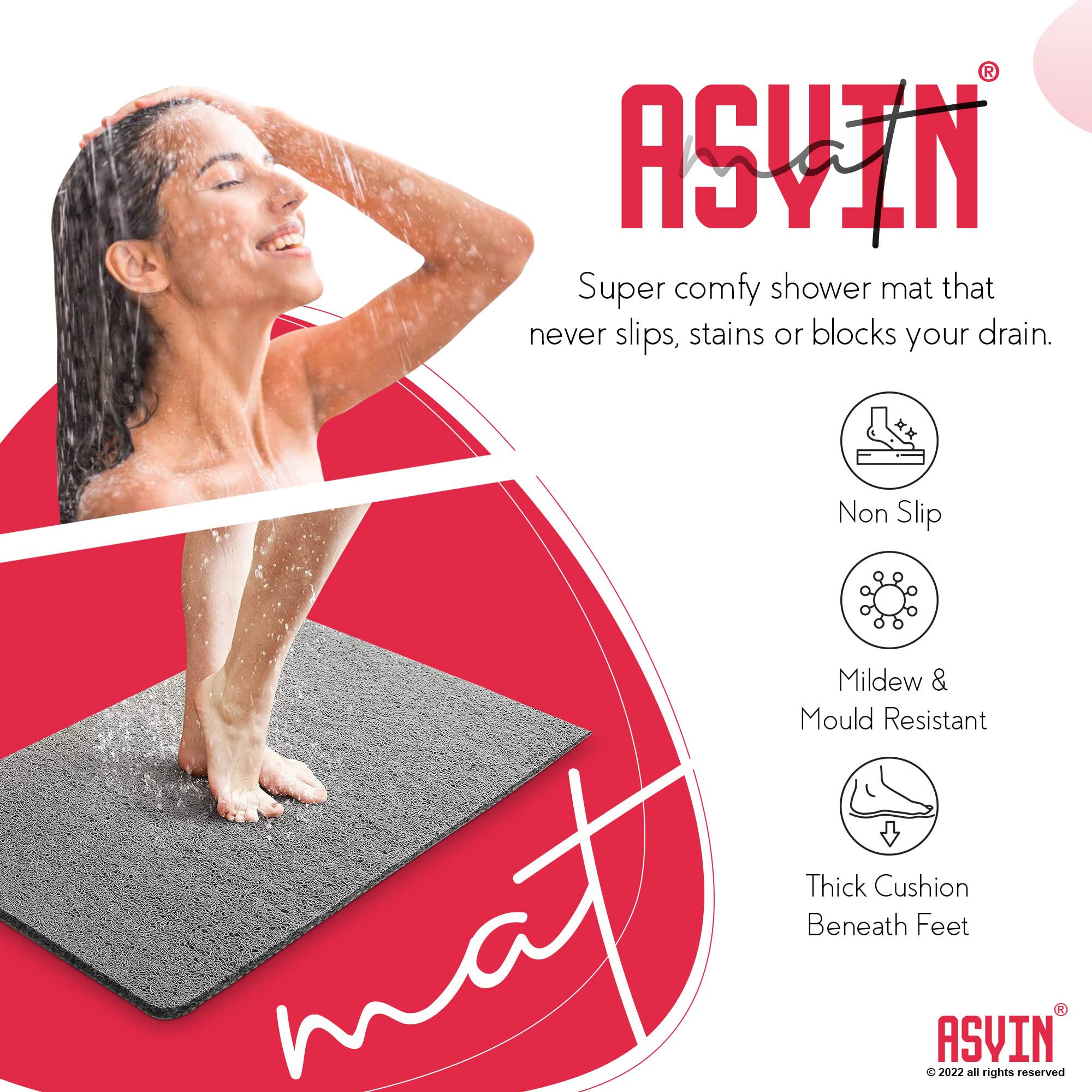 Asvin Soft Textured Shower Mat Non Slip Anti Mould For Inside Shower & Bath (24''X16'' Inch) Phthalate Free Rubber Loofah Bathro