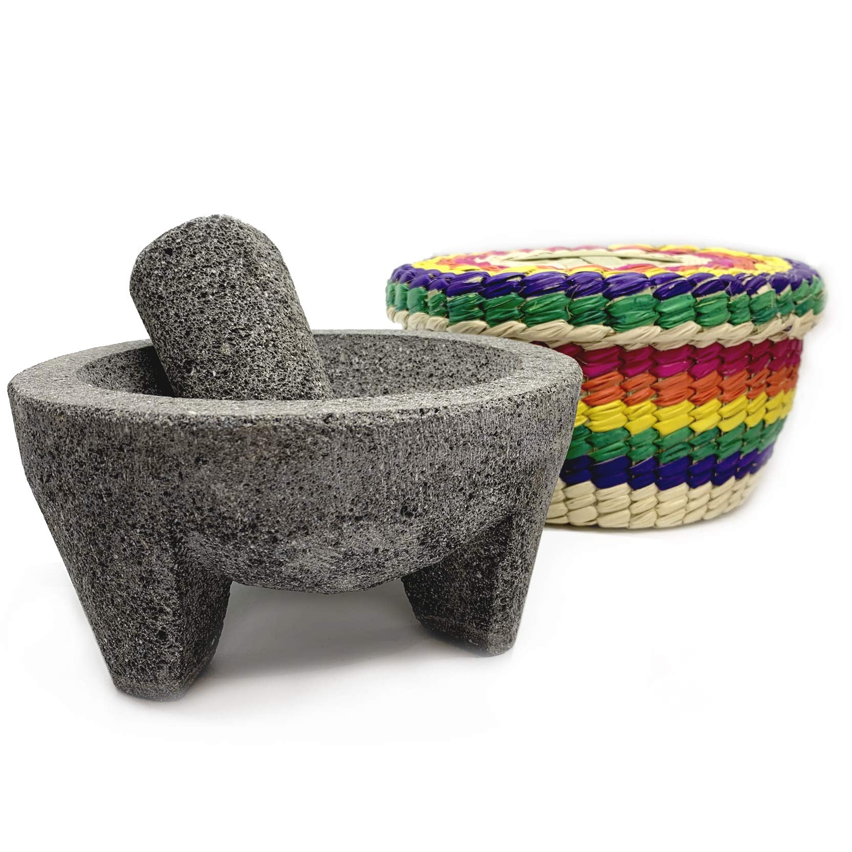 Mexican Molcajete with Tortilla Basket by Verve CULTURE, Basalt Volcanic Stone Mortar and Pestle, Rough Surfaced Kitchenware for
