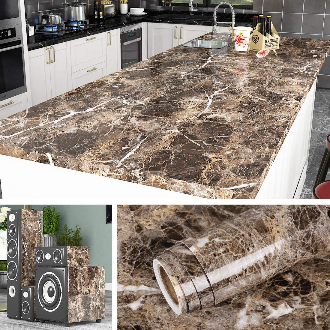 Livelynine 15.8X197 Inch Dark Brown Marble Contact Paper Countertop Peel And Stick Marble Wallpaper For Kitchen Counter Top Cove