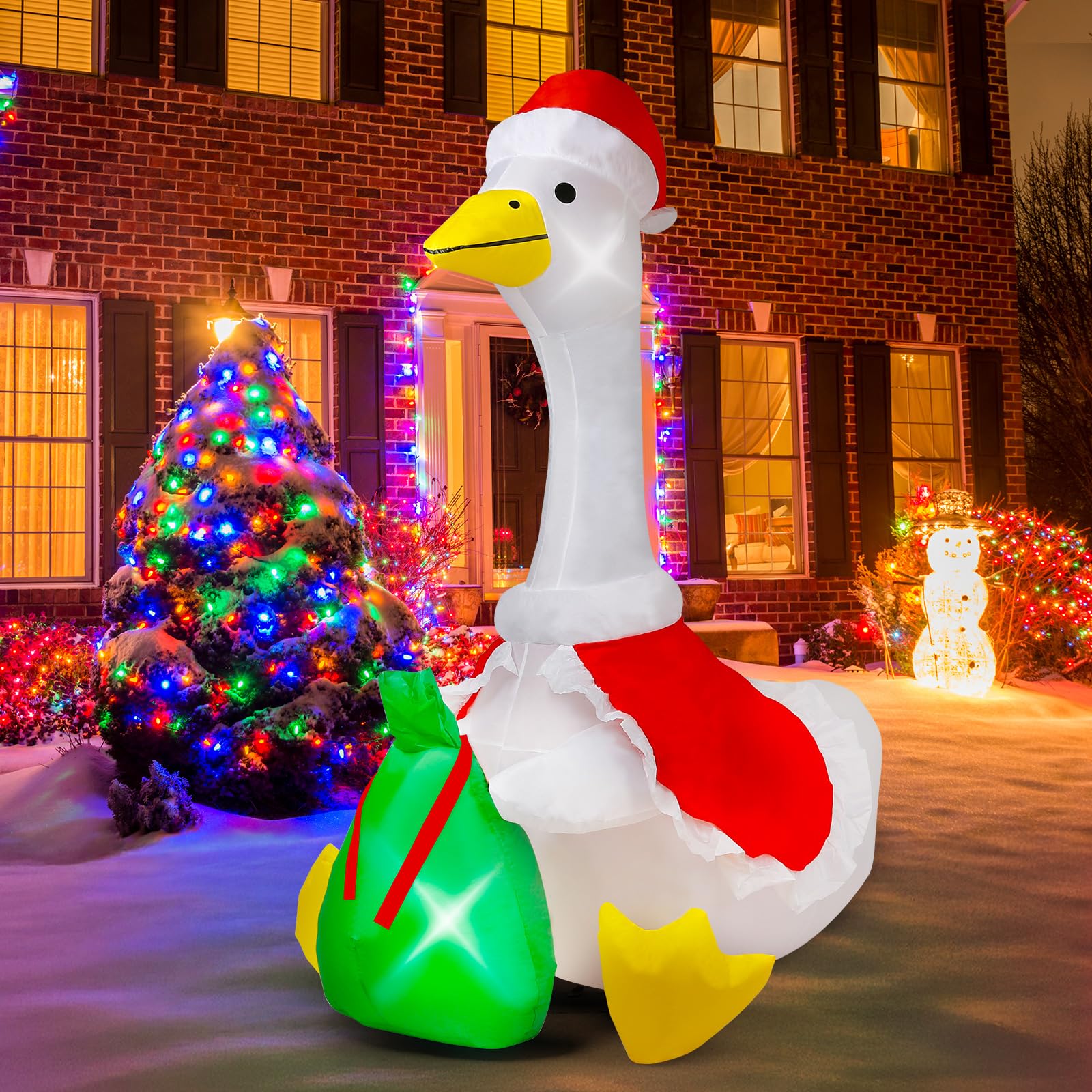 6 ft Christmas Porch Goose Inflatable Outdoor Decoration Large Xmas Cute Silly Goose Blow up Yard Decor with Built-in LED Light 
