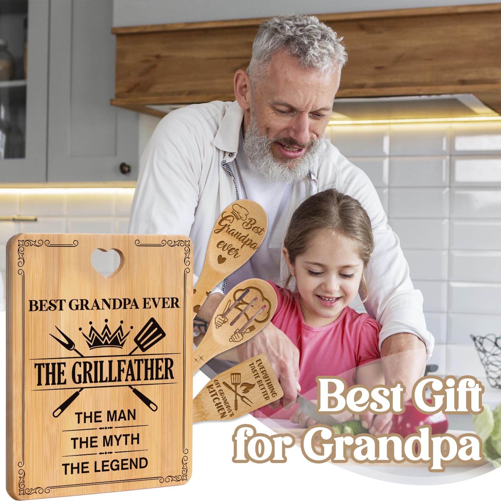 Gifts for Grandpa -  The Grill Father  Grandpa Gifts Cutting Board Set, Bamboo-Made Engraved Utensil Set Grandpa Birthday Gifts
