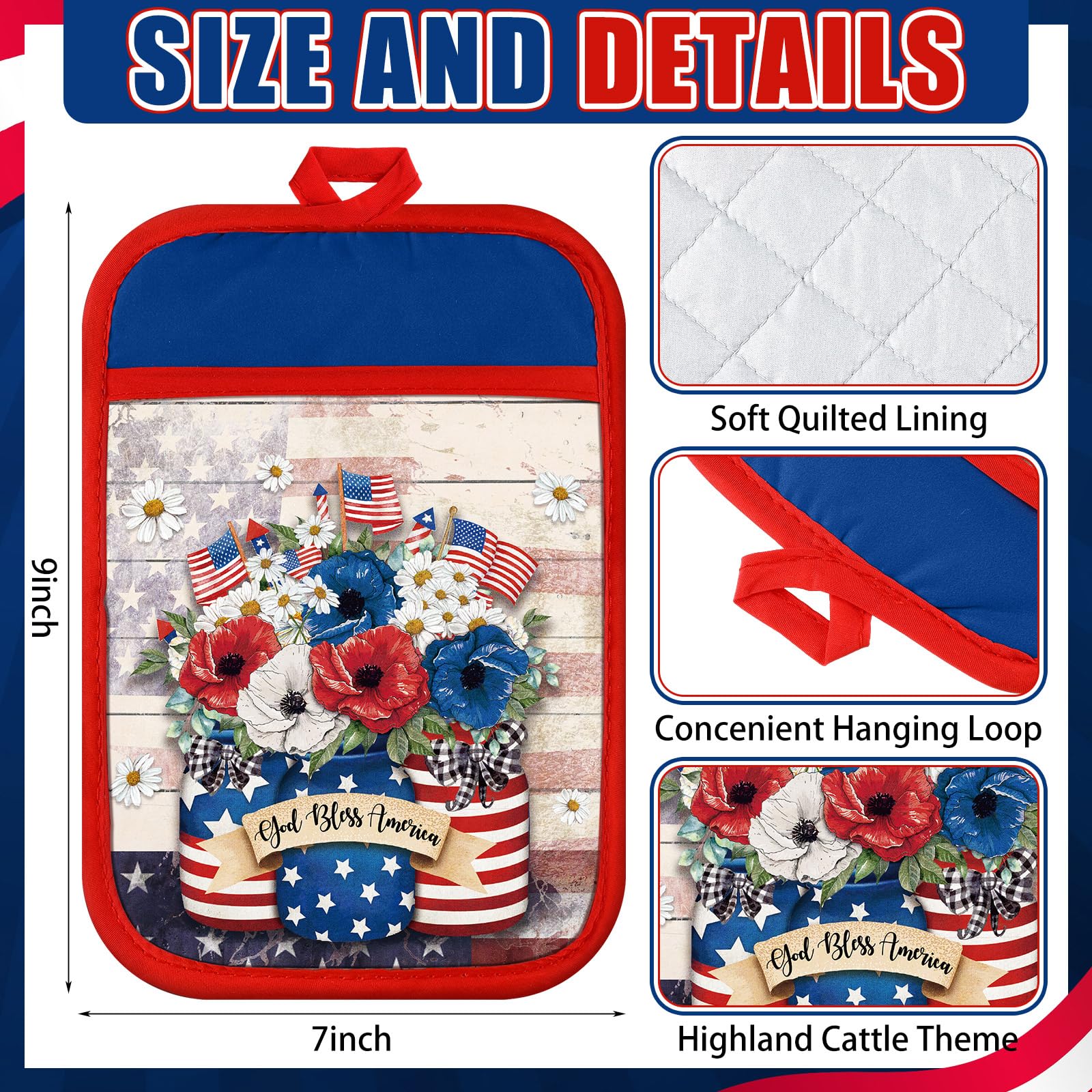Jingmore 12 Pcs Veterans Day Pot Holders with Pocket Patriotic Pot Holders Bulk for Kitchen American Flag Stars Hot Pads and Ove