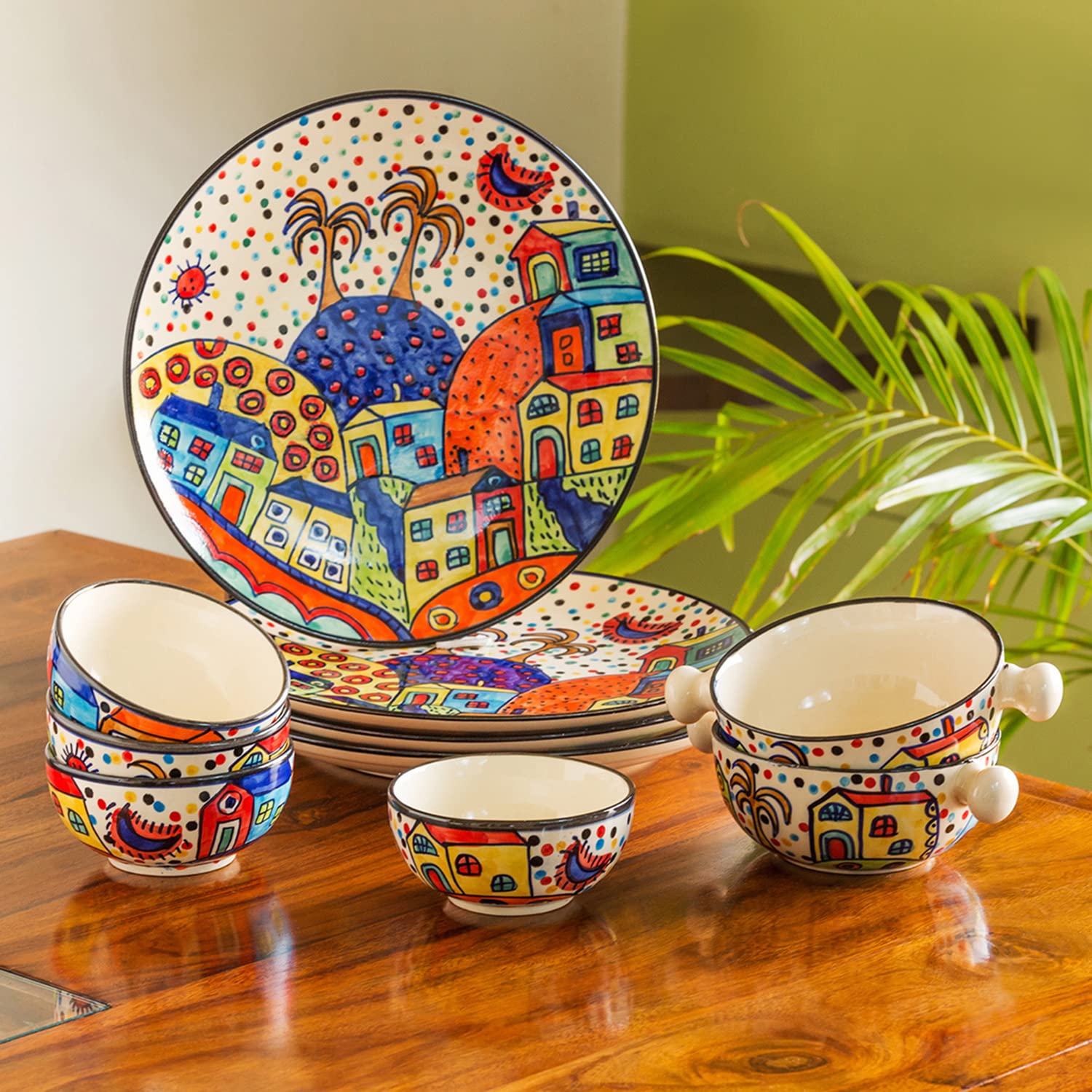 Exclusivelane 'Hut Dining' Ceramic Dinner Set Ceramic (10 Pieces, Serving For 4)|Dinner Plates With Katoris & Serving Bowls Dinn