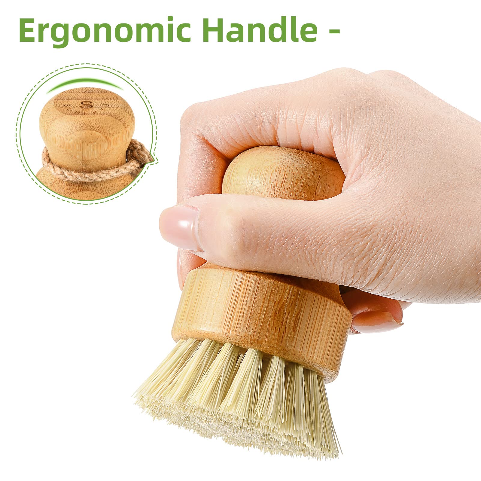 Bamboo Dish Scrub Brushes By Subekyu, Kitchen Wooden Cleaning Scrubbers Set For Washing Cast Iron Pan/Pot, Natural Sisal Bristle