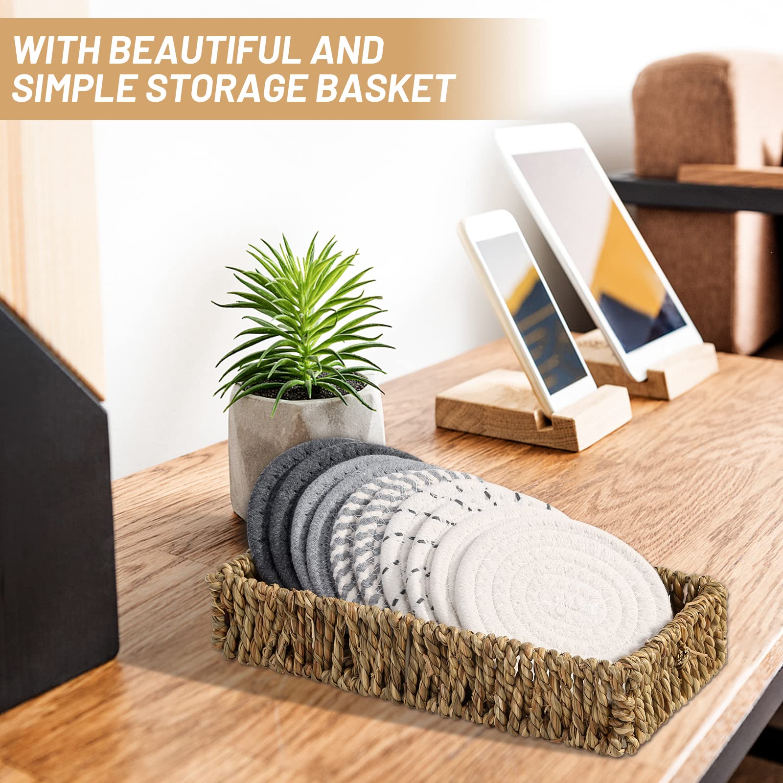 Mckanti 10 Pcs Drink Coasters With Basket, 5 Colors Absorbent Coasters For Drinks, Minimalist Cotton Woven Coaster Set For Home