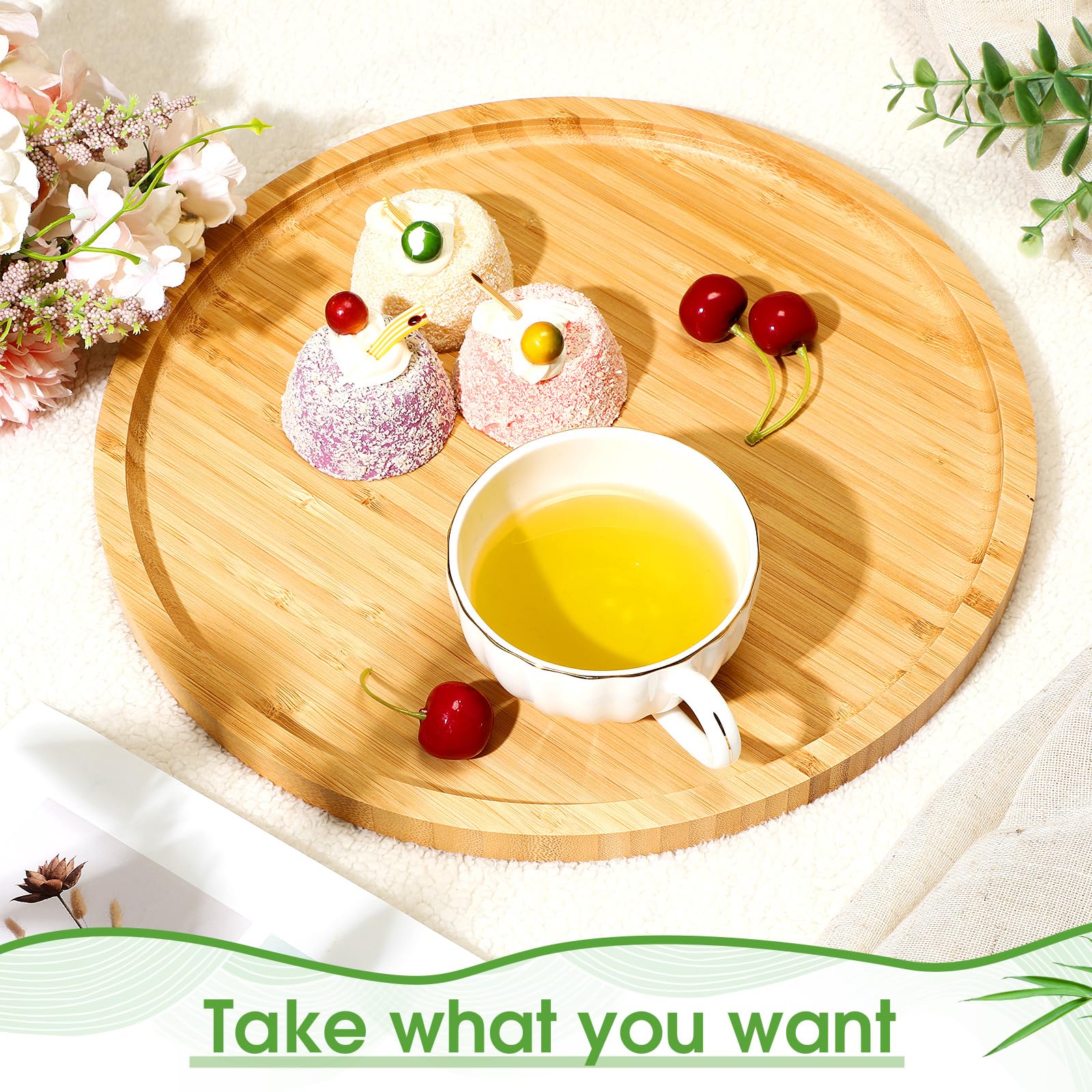 Meanplan 5 Pcs Round Bamboo Tray Wood Plates Round Charcuterie Board Round Serving Platter With Rim For Kitchen Fruit Bread Sala