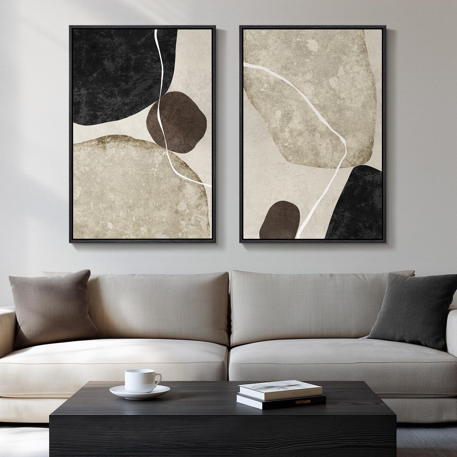 Large Framed Neutral Abstract Wall Art Set Of 2, Modern Black Beige Brown Canvas Prints Paintings Artwork For Walls, Minimalist 