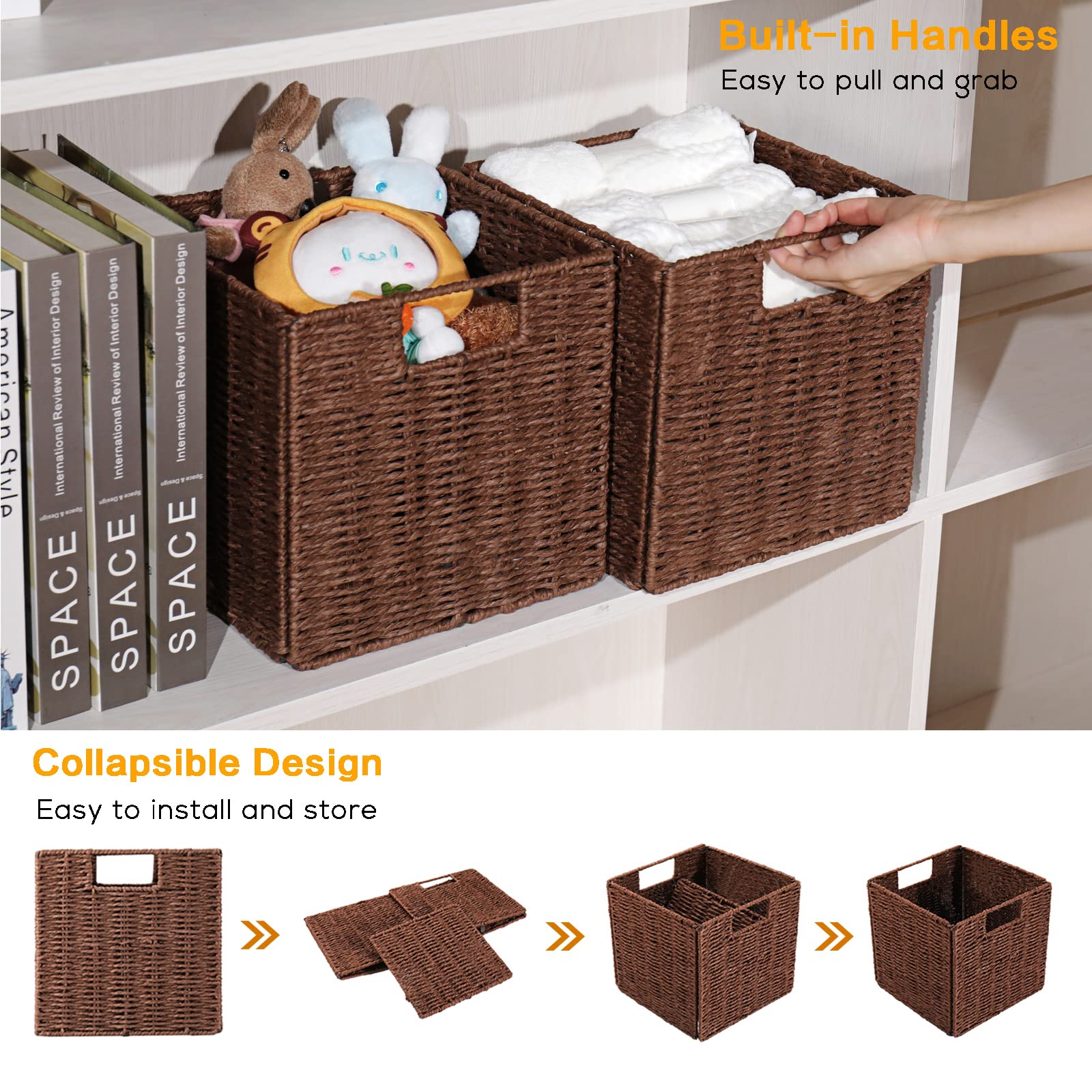 Vagusicc Wicker Storage Basket, Set Of 2 Hand-Woven Storage Baskets For Shelves, Foldable Cube Storage Baskets Bins With Handles