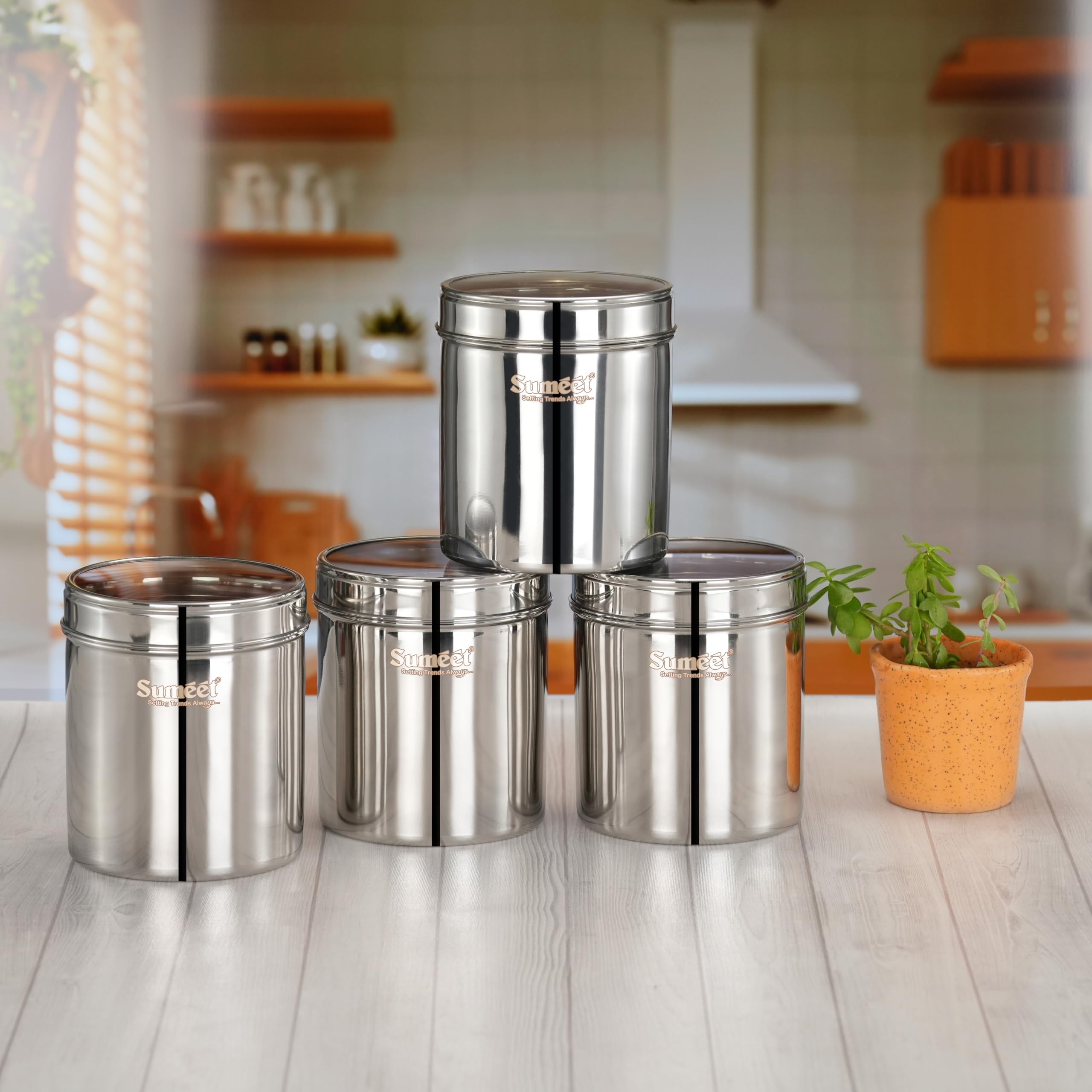 Sumeet Stainless Steel Containers Jars Dabba for Kitchen Storage with See Through Lids - set of 4Pcs  1350ml capacity each  11.7cm Dia  Silver