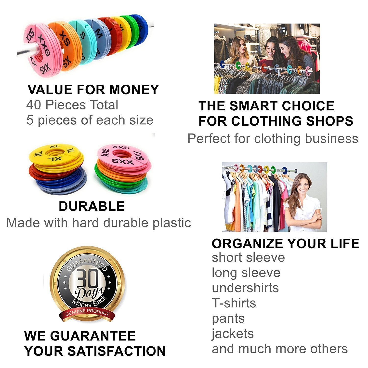 Clothes Size Dividers | 40 Pieces 8 Colors Xxs-Xxxl | Ultimate Clothing Rack Dividers | Round Clothes Rack Clothes Hangers, Comm