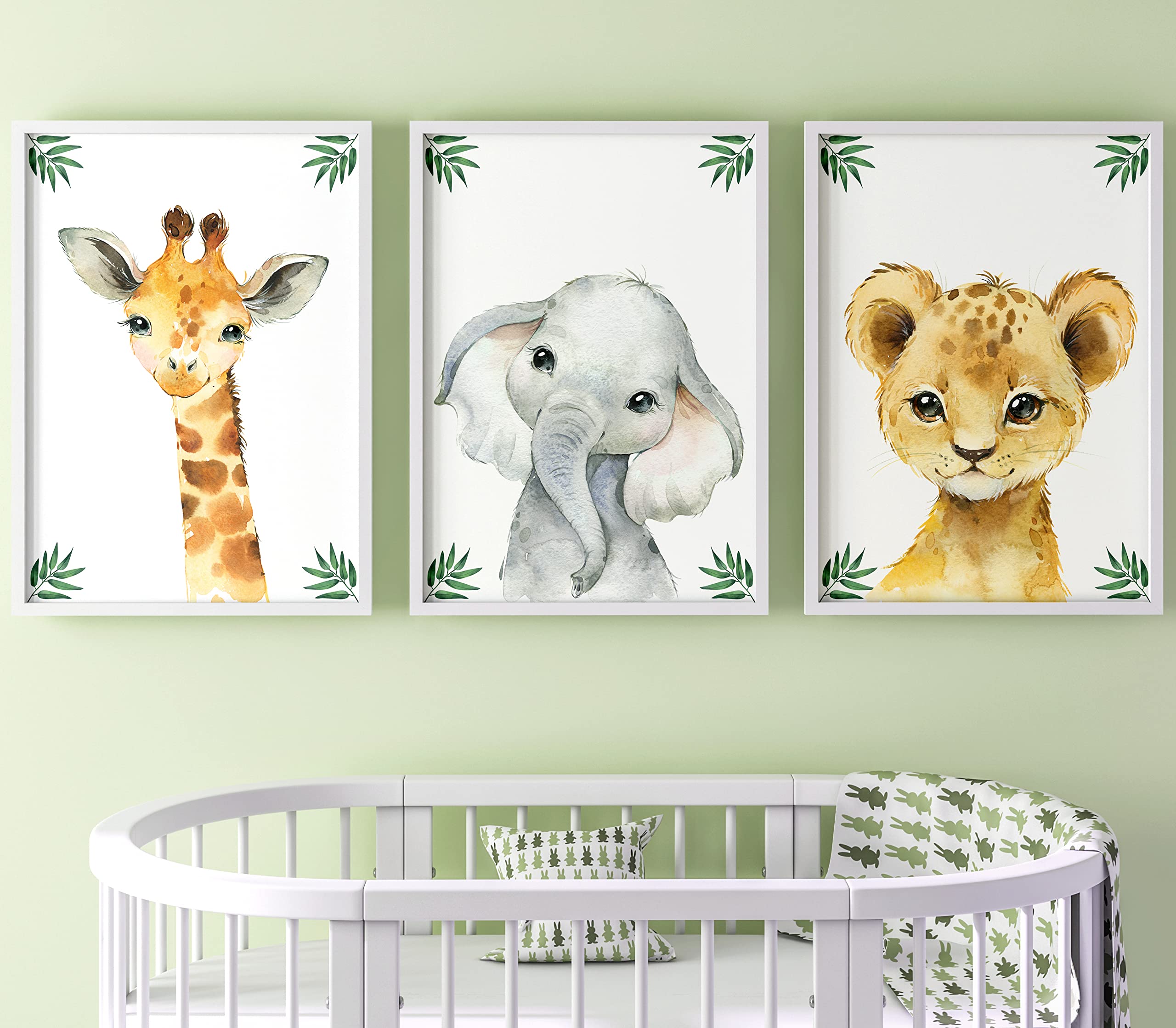 Baby Safari Animals For Girl Or Boy Nursery Bedroom, Set Of 3 Unframed Wall Art Prints, Jungle Leaves Posters, Nursery Decor Gif