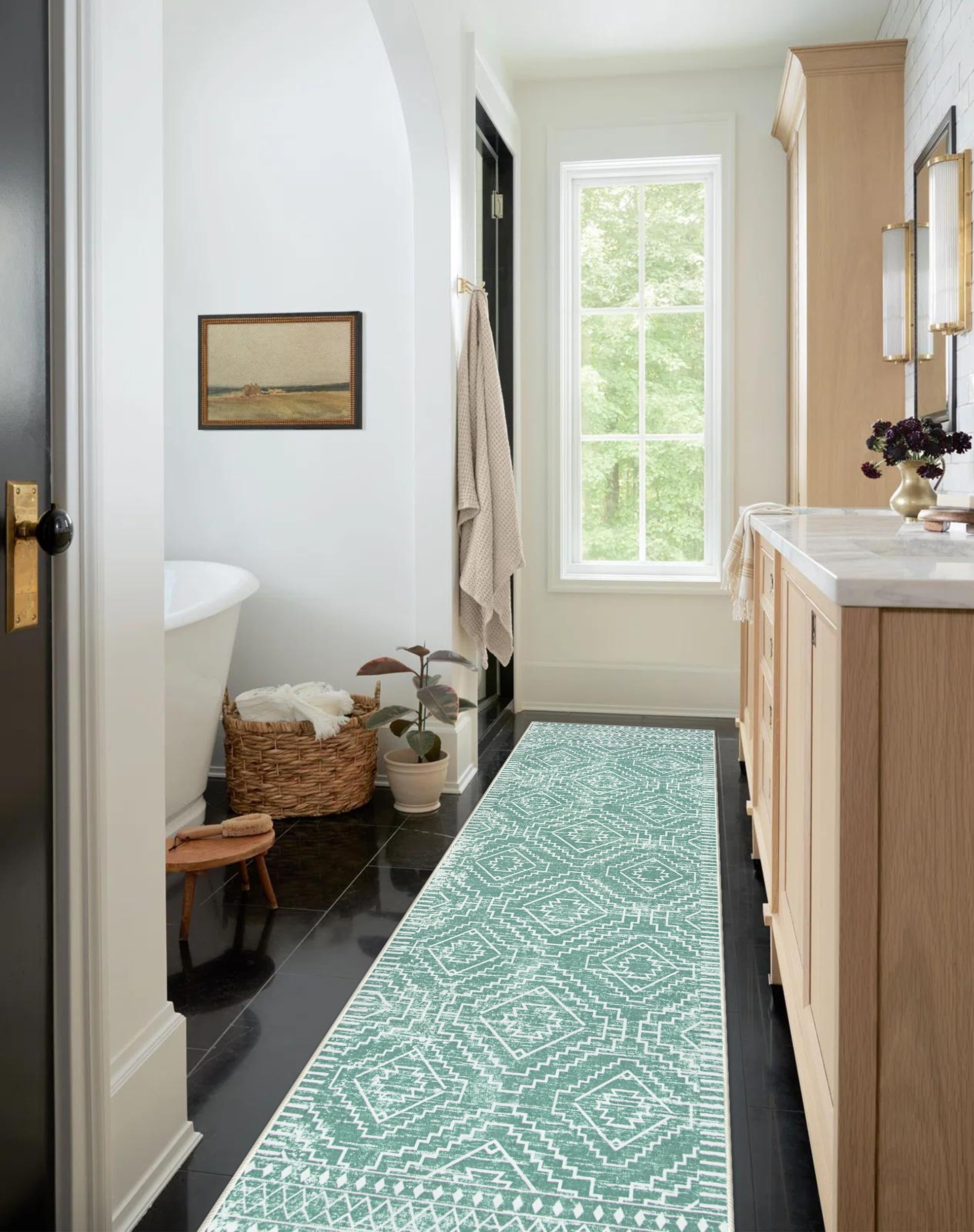 Wonnitar Moroccan Kitchen Runner Rug Washable Non-Slip, 2'6x10' Mint Green Hallway Rugs, Boho Long Runner Rug for Entryway, Low