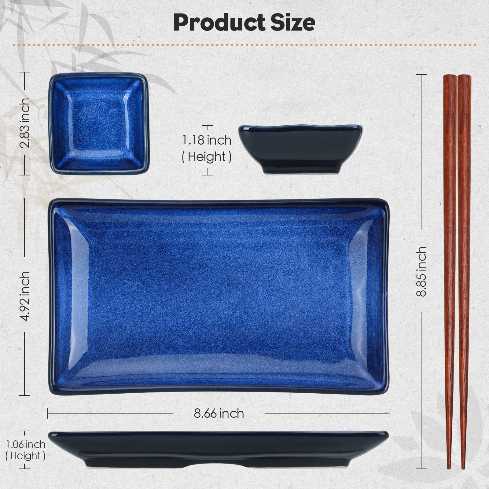 Uniidea Ceramic Sushi Serving Tray Sets 2, 6 Pieces Japanese Style Porcelain Sushi Plate Set With Soy Sauce Dishes, Bamboo Chops