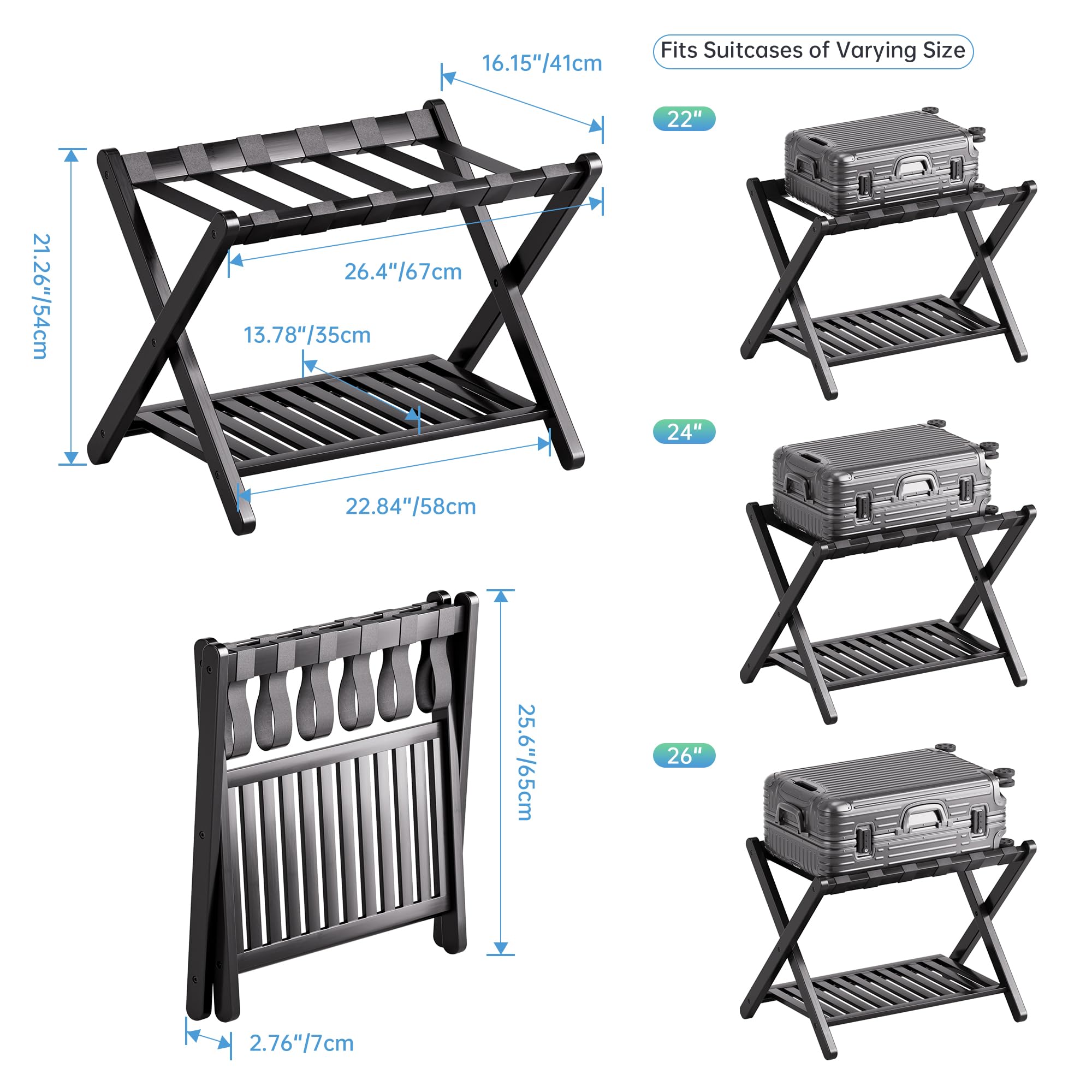 Smibuy Luggage Rack, Set Of 2, Foldable Bamboo Suitcase Stand With Storage Shelf For Guest Room, Bedroom, Hotel, Heavy-Duty (Bla