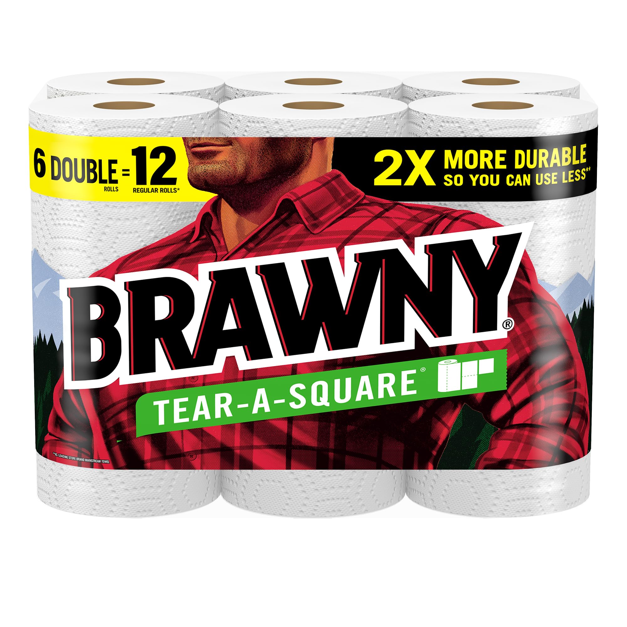 Brawny Tear-A-Square Paper Towels, 6 Double Rolls = 12 Regular Rolls, 3 Sheet Sizes (Quarter, Half, Full), Strength For All Mess