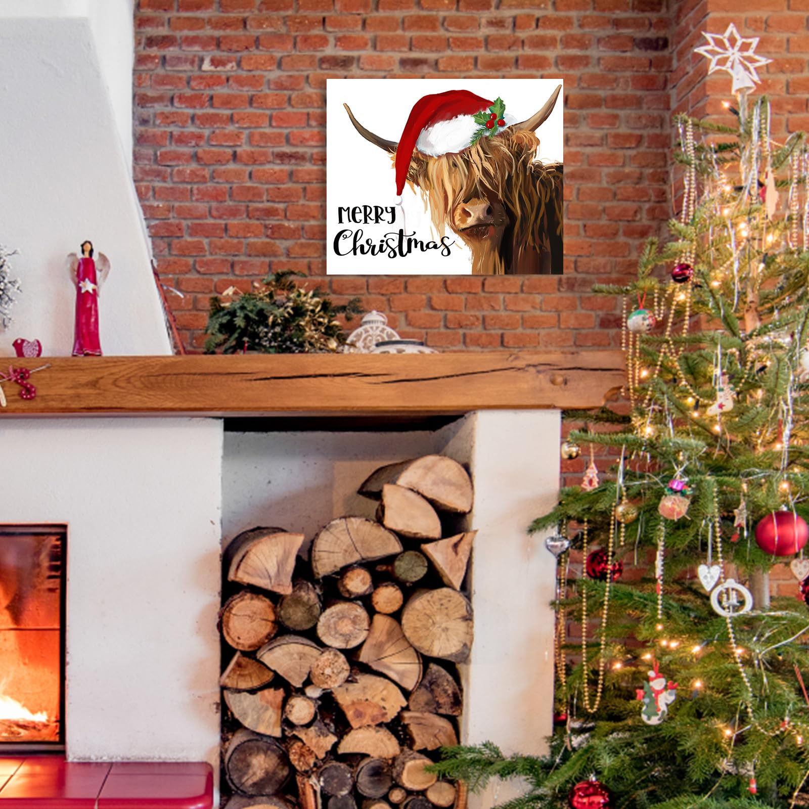 HLJ ART Highland Cow Christmas Wall Art - Canvas Print 12"x15", Farmhouse Decor for Living Room, Kitchen, Holiday Wall Hanging